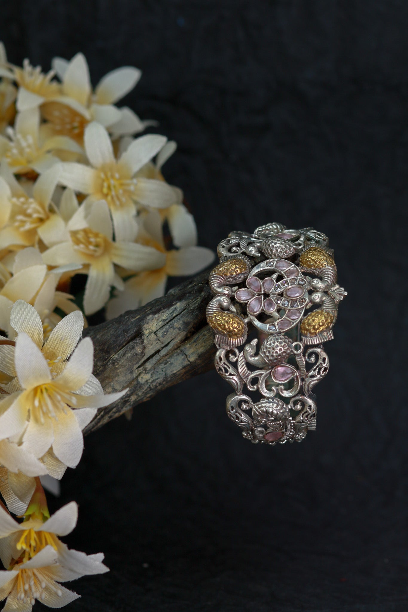 Oxidised Antique Design Brass Base Free Size Openable Royal Antique Floral Cluster Bangle for Women