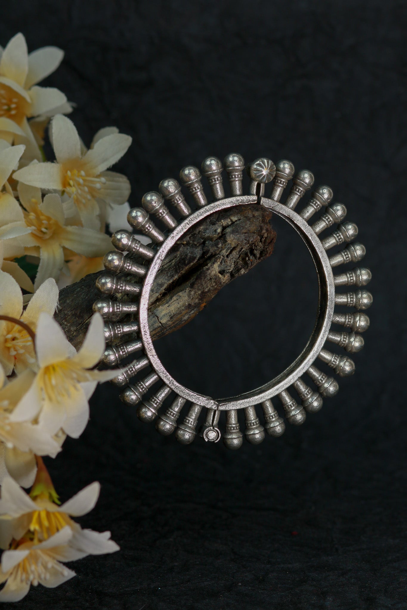 Oxidised Antique Design Brass Base Free Size Openable Beaded Pillar Edge Bangle for Women