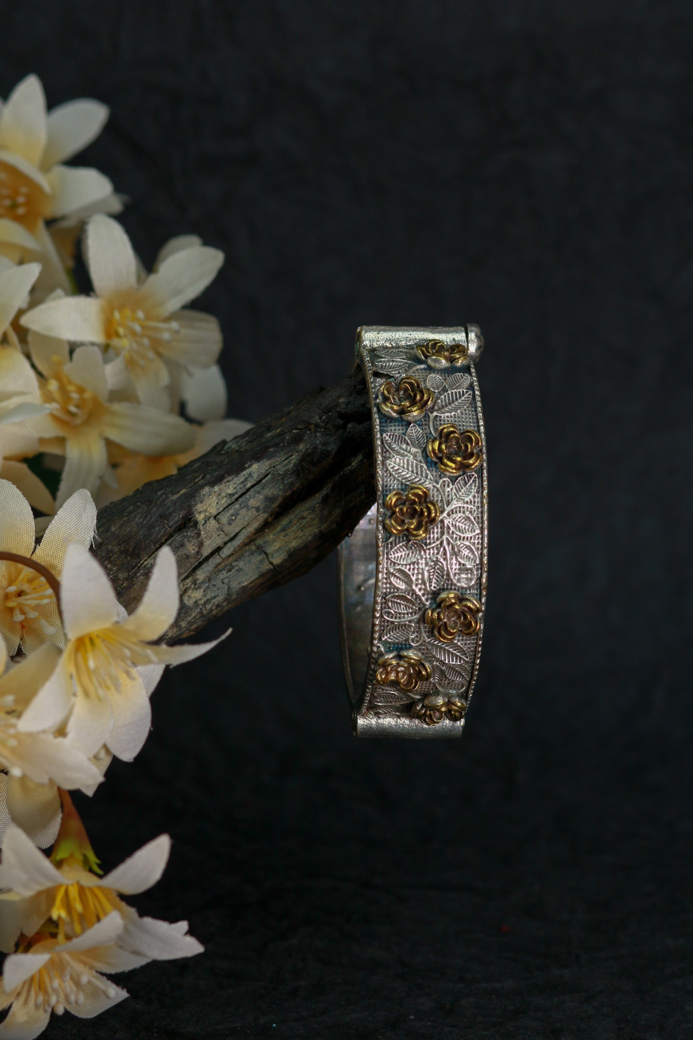 Oxidised Antique Design Brass Base Free Size Openable Dual Tone Floral Rose Bangle for Women