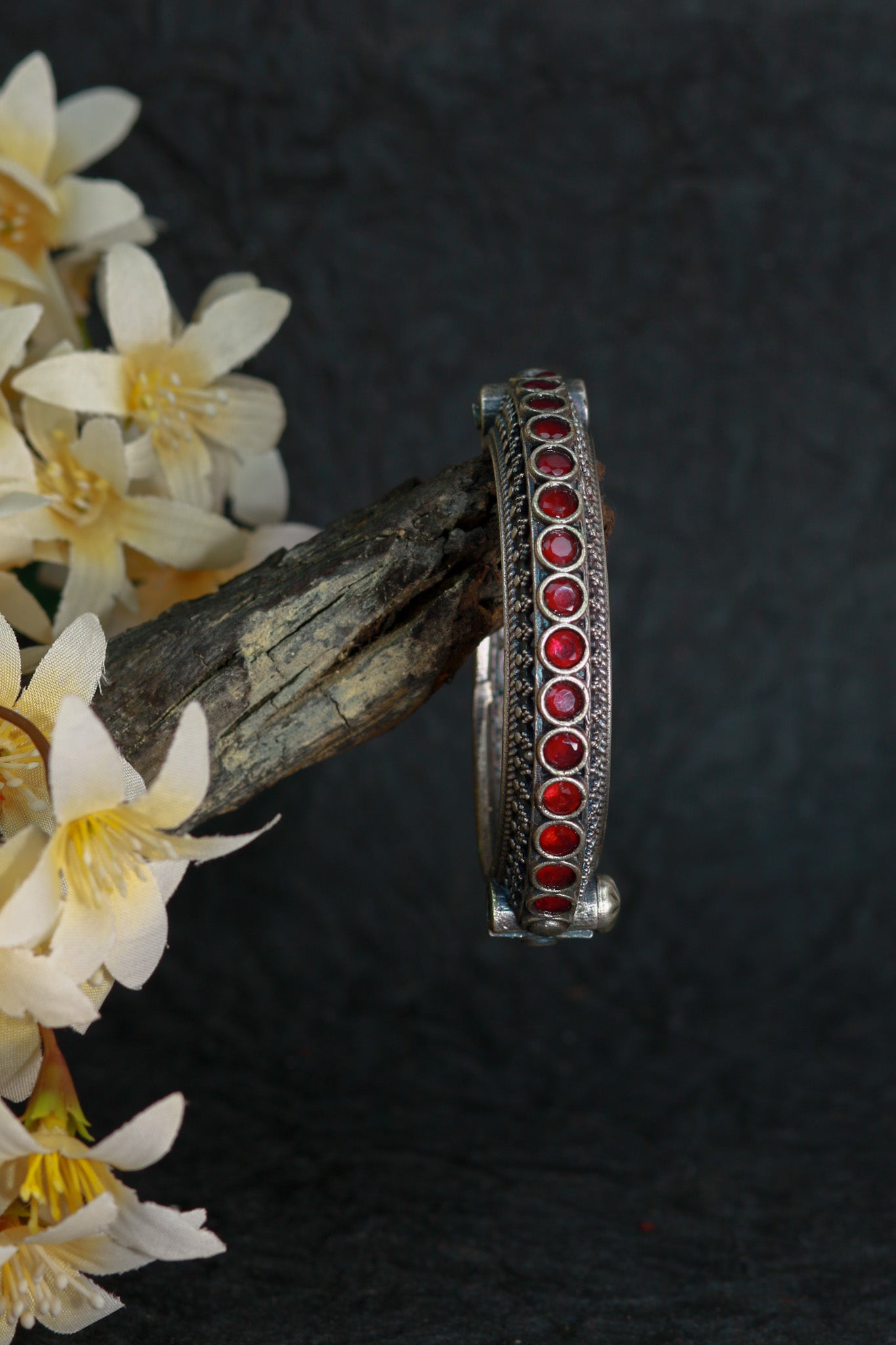 Oxidised Antique Design Brass Base Free Size Openable Ruby Stone Studded Bangle for Women