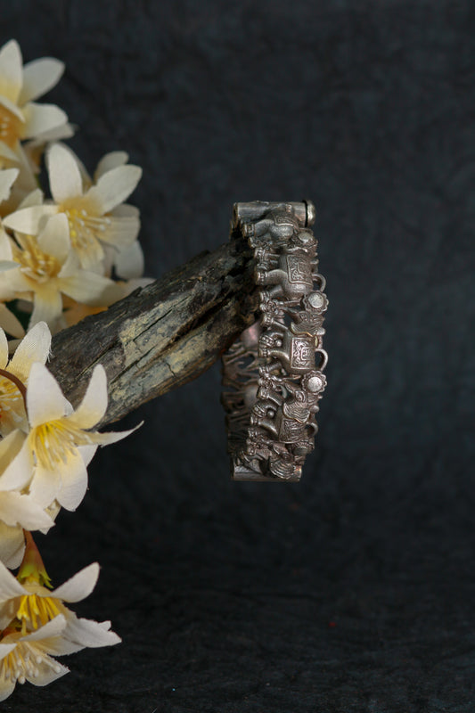 Oxidised Antique Design Brass Base Free Size Openable Royal Elephant Kada Bracelet for Women
