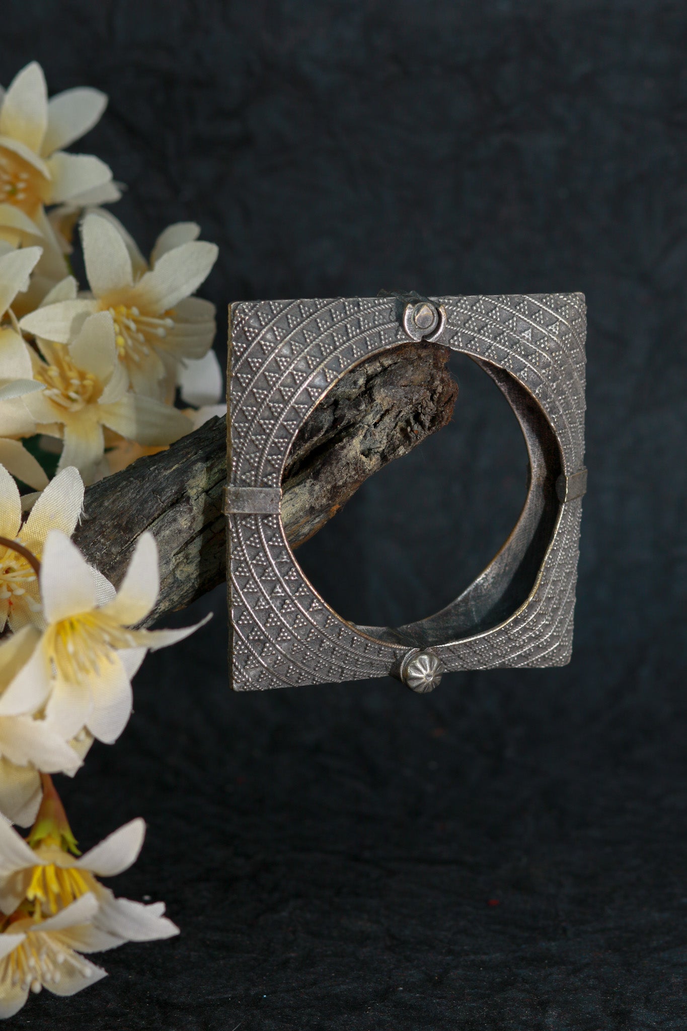 Oxidised Antique Design Brass Base Free Size Openable Square Checkered Kada Bracelet for Women