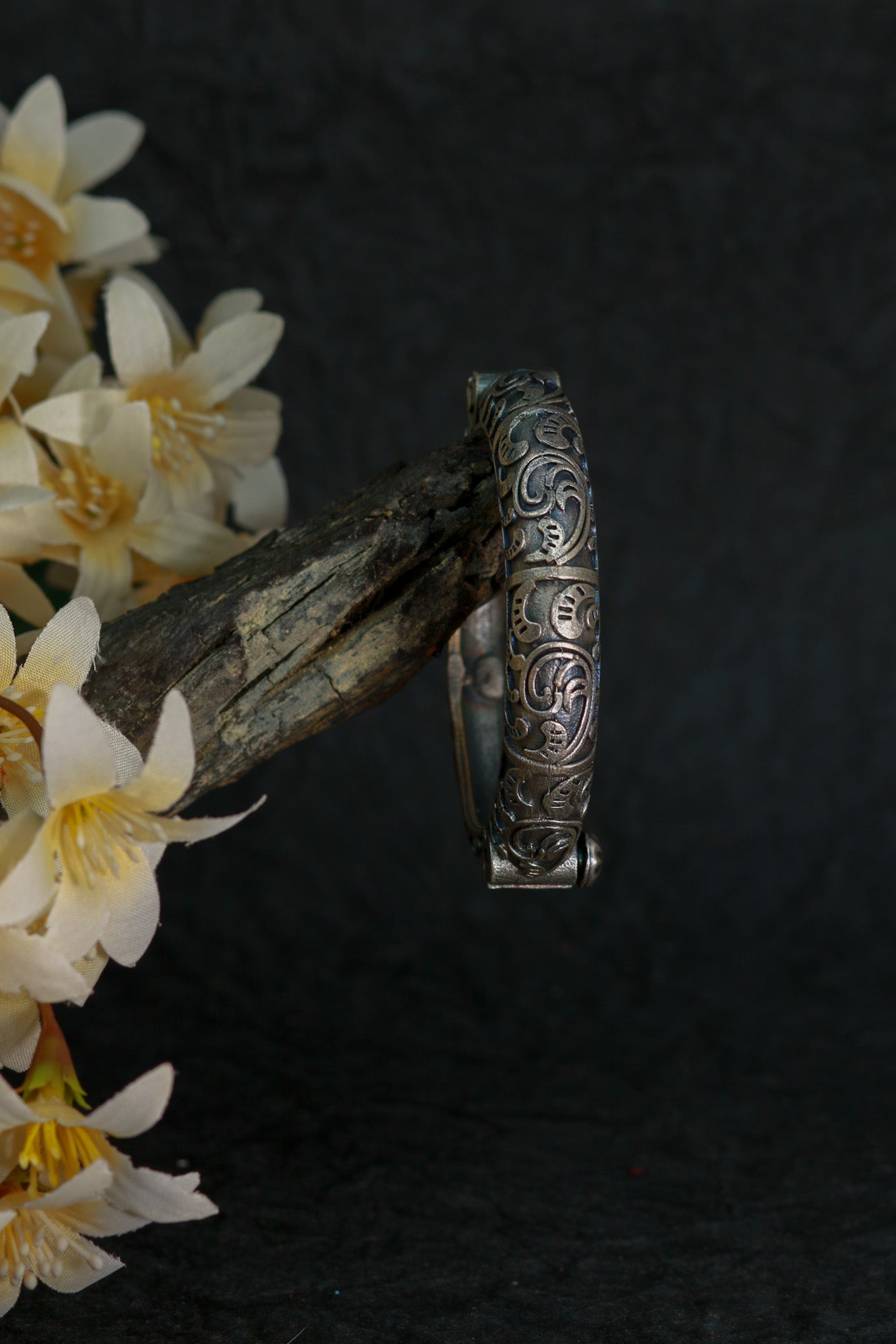 Oxidised Antique Design Brass Base Free Size Openable Engraved Motif Kada Bracelet for Women