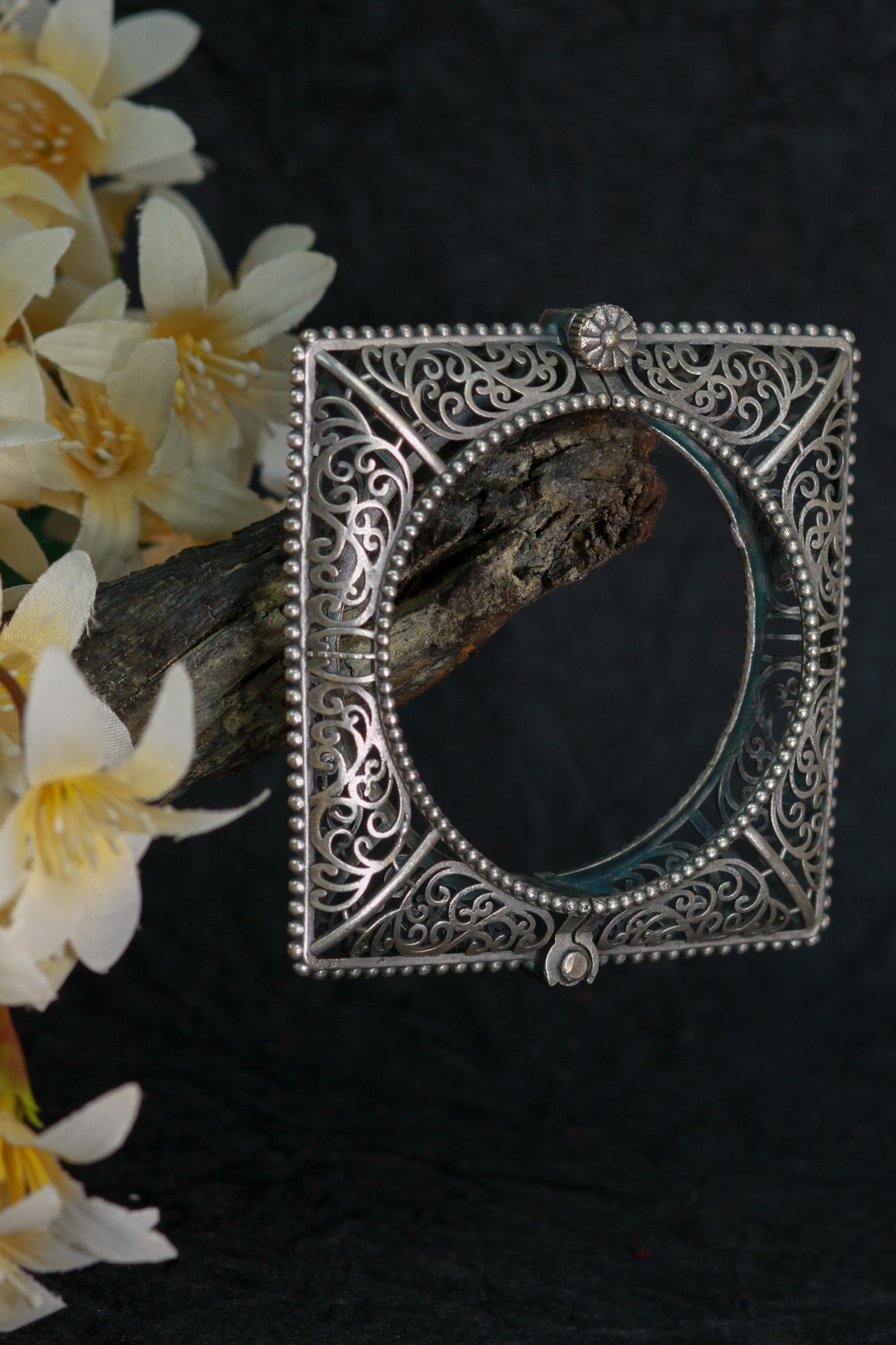 Oxidised Antique Design Brass Base Openable Square Frame With Filigree Kada Bracelet for Women
