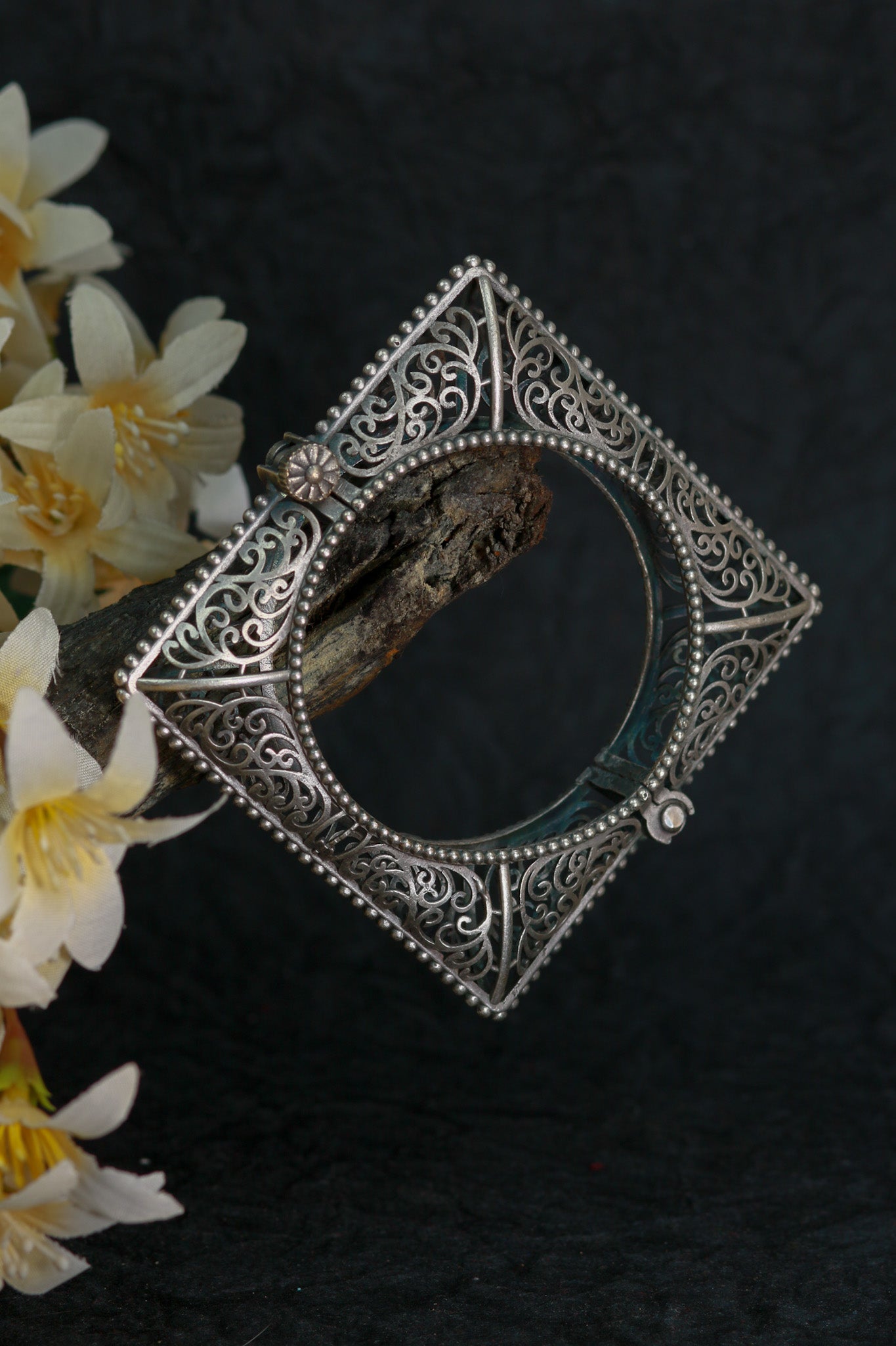 Oxidised Antique Design Brass Base Openable Square Frame With Filigree Kada Bracelet for Women