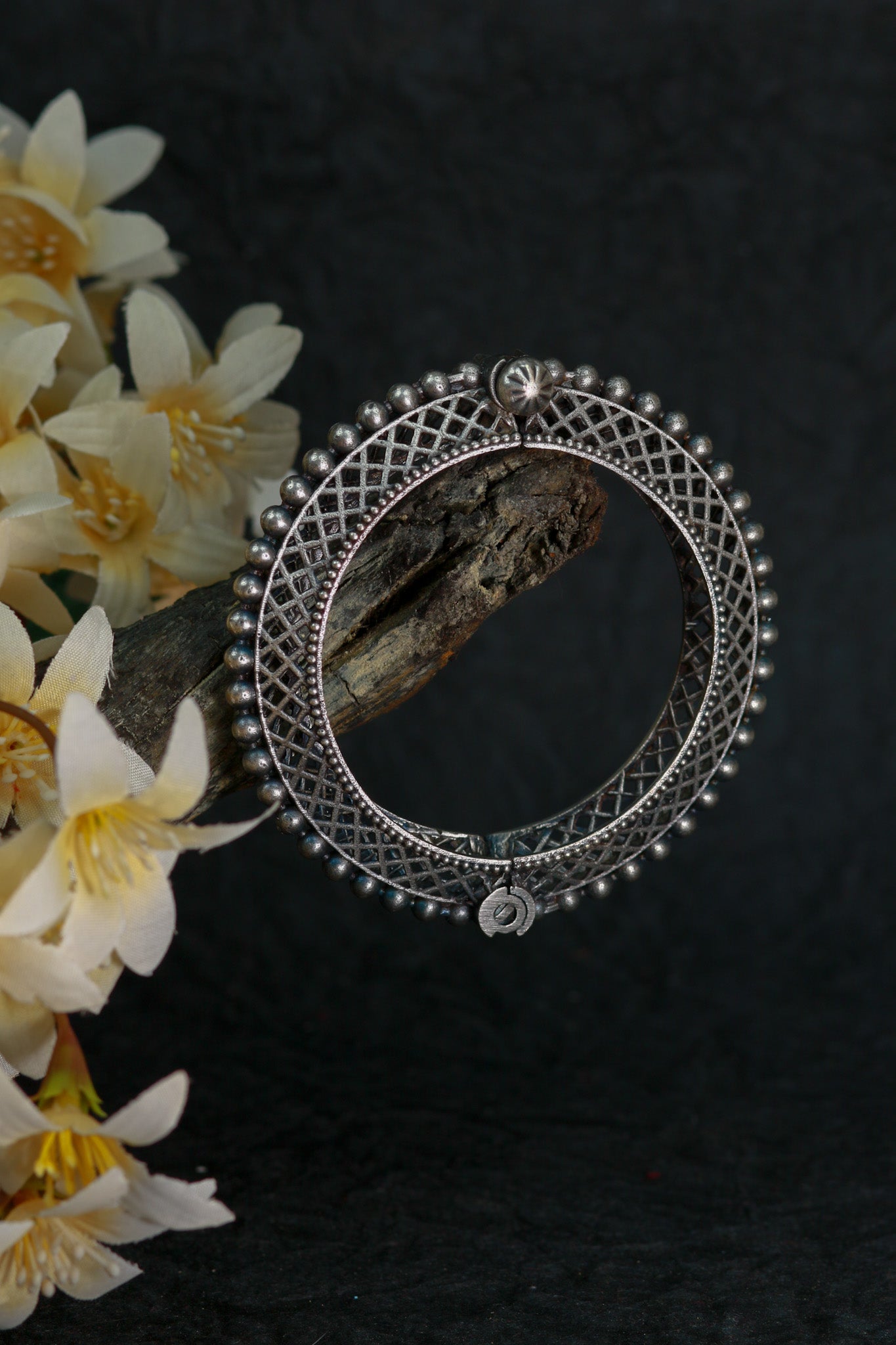 Oxidised Antique Design Brass Base Free Size Openable Lattice Beaded Edge Kada Bracelet for Women