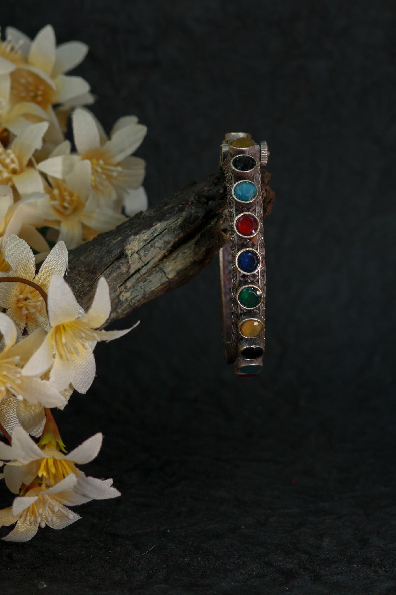 Oxidised Antique Design Brass Base Free Size Openable Multicolor Stone Kada Bracelet for Women