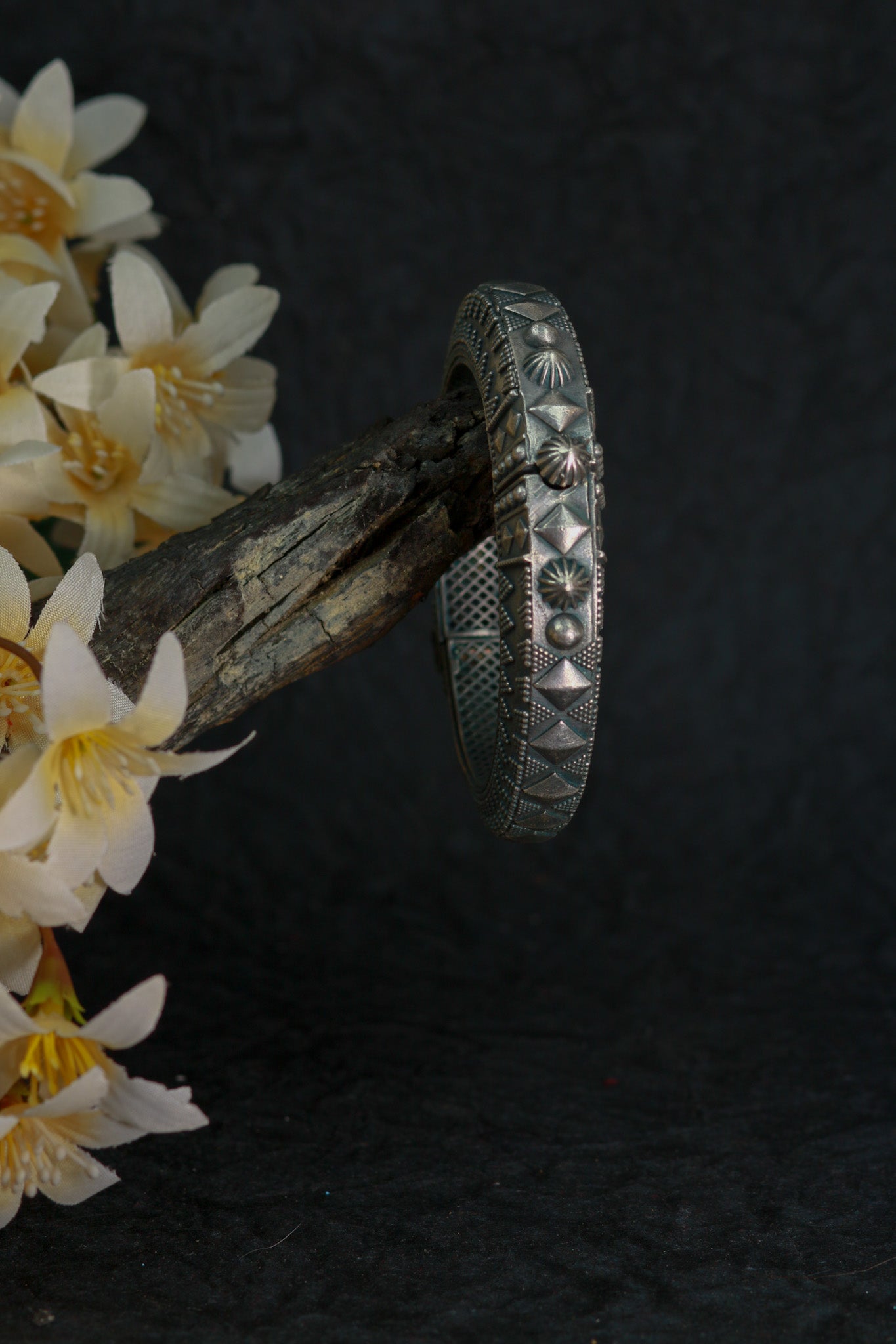 Oxidised Antique Design Brass Base Openable Chevron & Pyramid Texture Kada Bracelet for Women