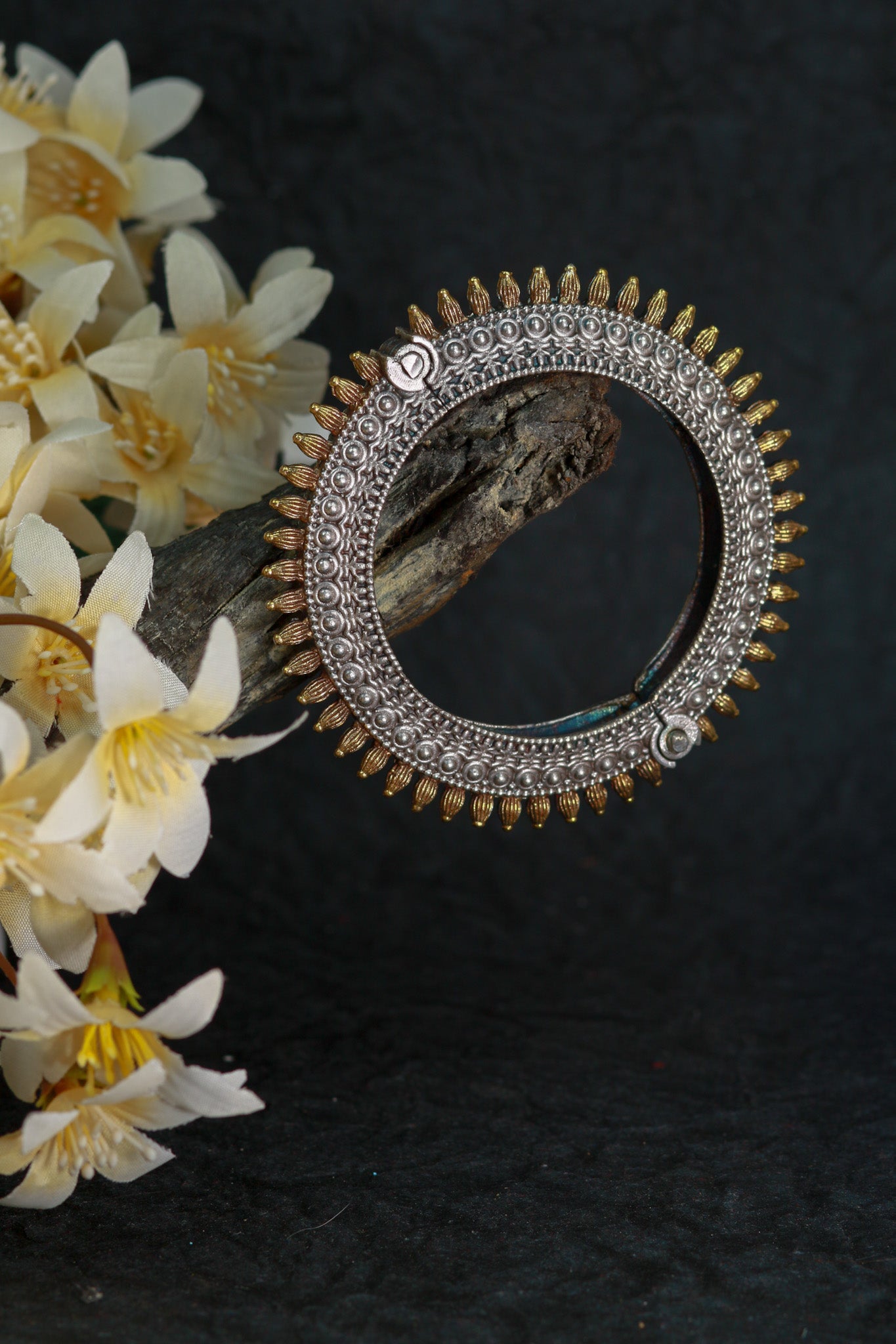 Oxidised Antique Design Brass Base Free Size Openable Dual Tone Sunray Kada Bracelet for Women