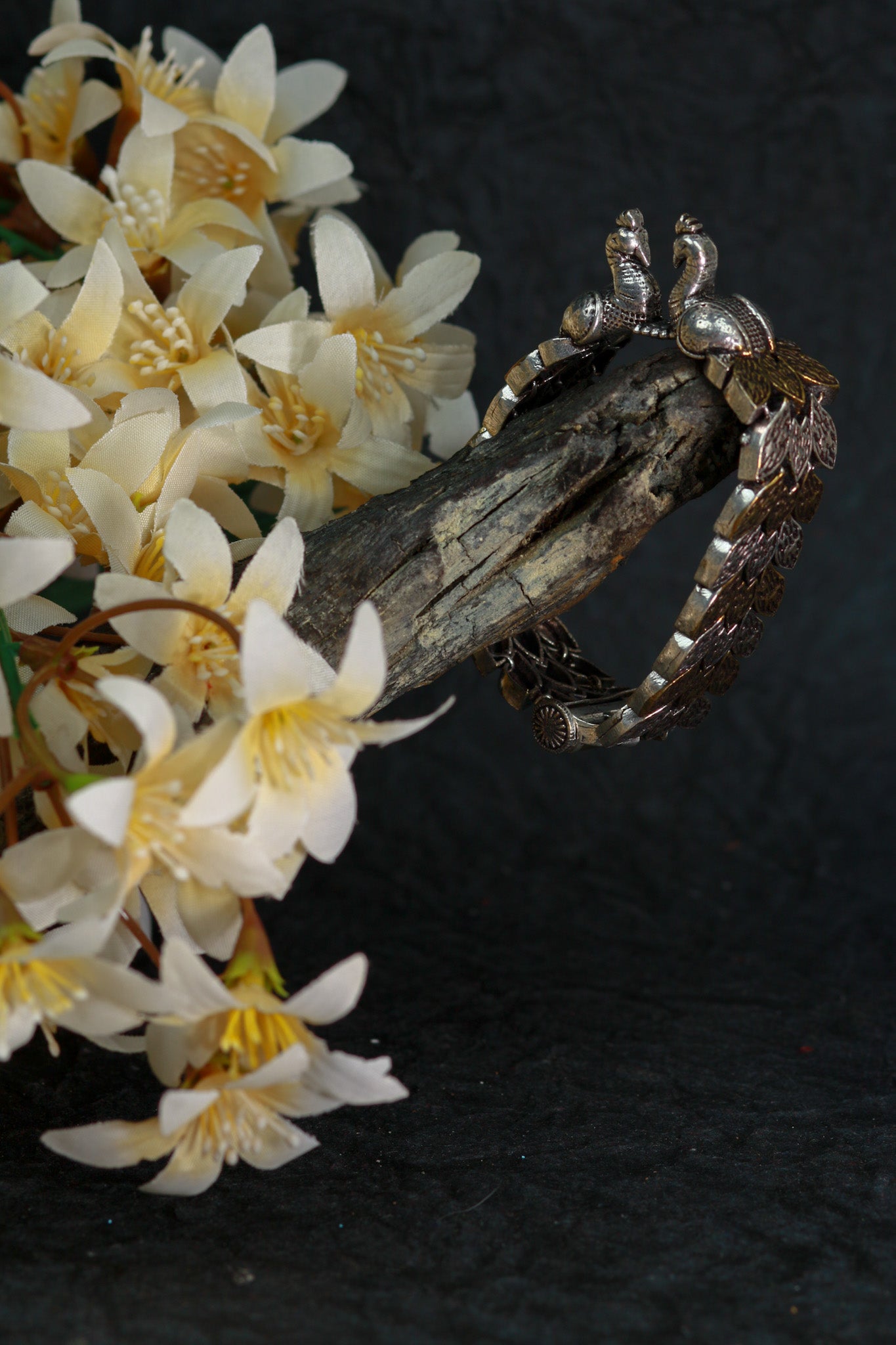 Oxidised Antique Design Brass Base Free Size Openable Peacock Motif Bracelet for Women