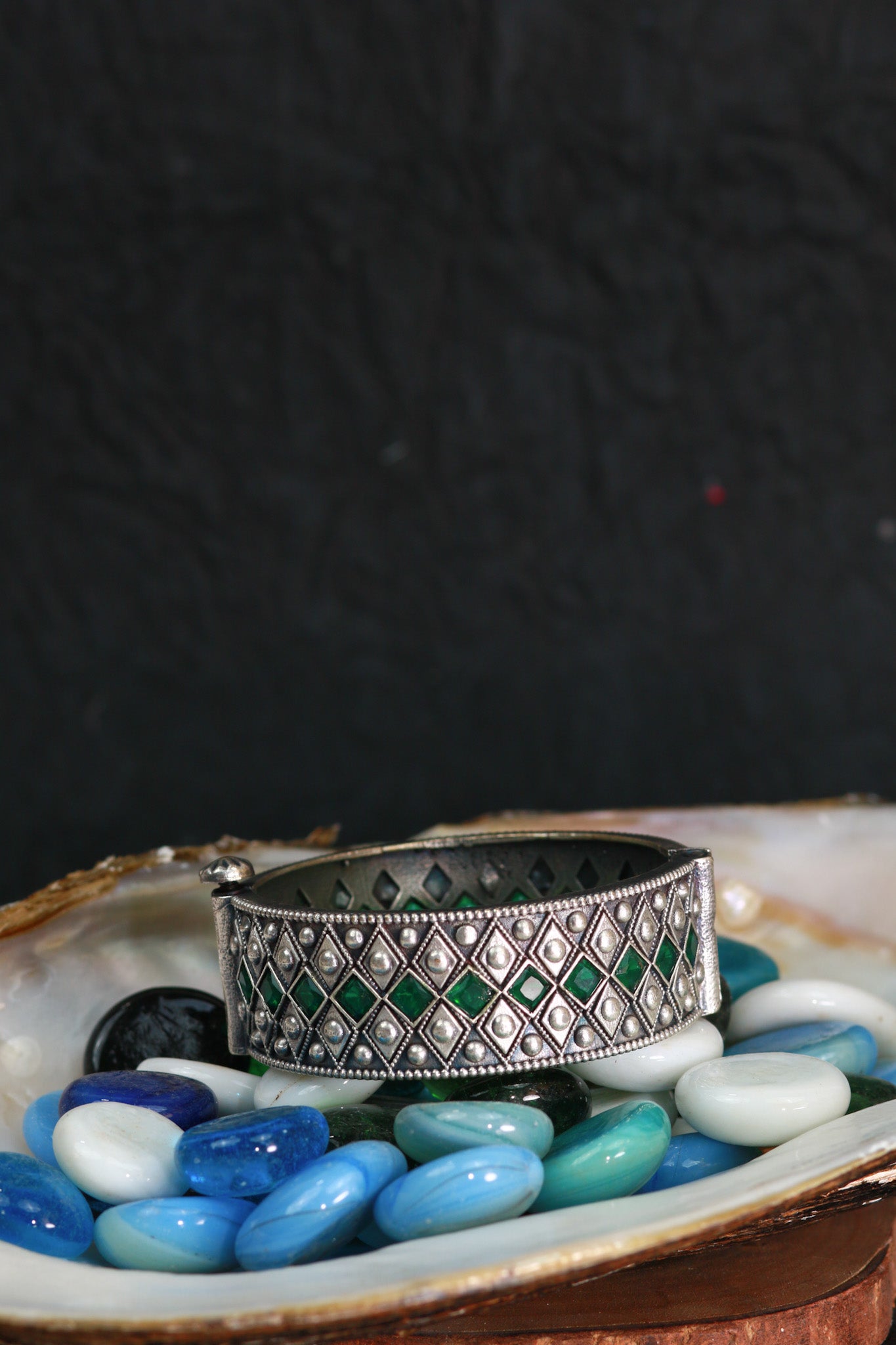 Oxidised Antique Design Brass Base Free Size Openable Green Stone Diamond Pattern Bangle for Women