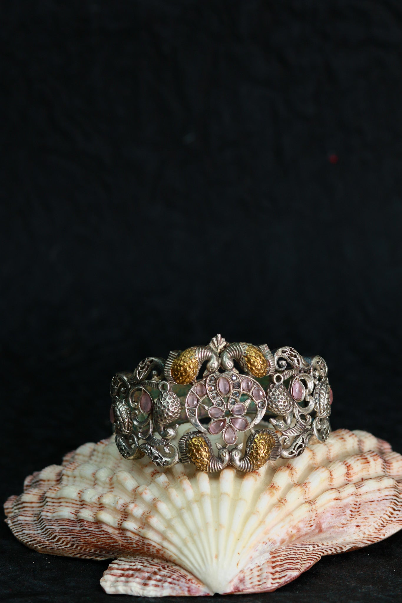 Oxidised Antique Design Brass Base Free Size Openable Royal Antique Floral Cluster Bangle for Women