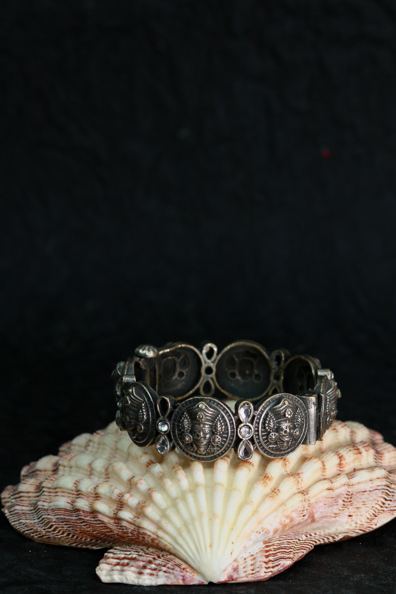 Oxidised Antique Design Brass Base Free Size Openable Coin Goddess Kada Bracelet for Women