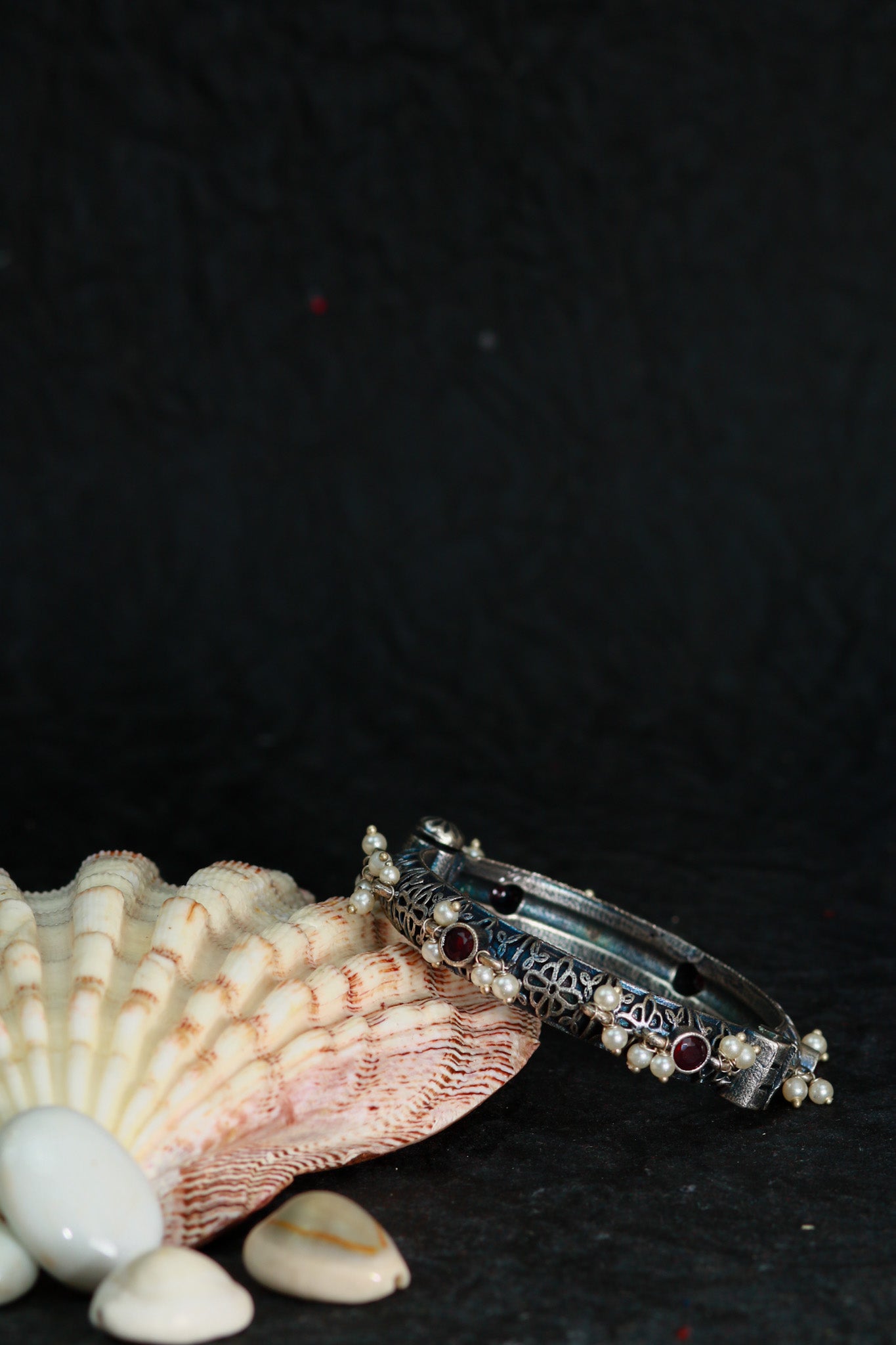 Oxidised Antique Design Brass Base Openable Mini Faux-Pearl Edge Kada Bracelet for Women