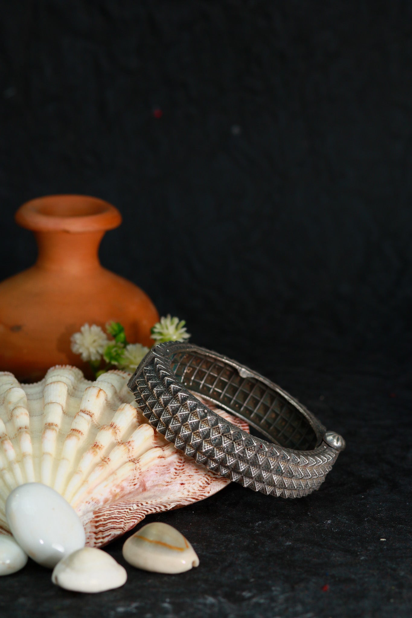 Oxidised Antique Design Brass Base Free Size Openable Chevron Edge Kada Bracelet for Women