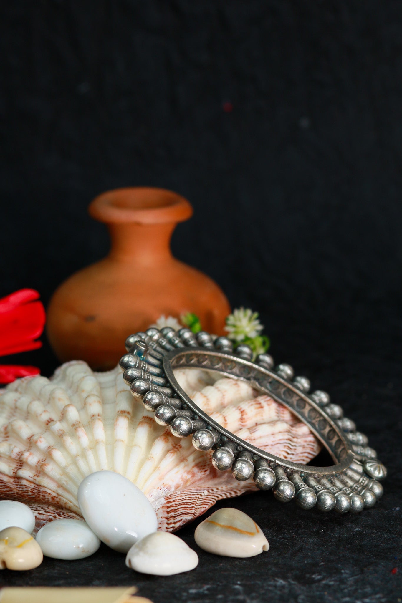 Oxidised Antique Design Brass Base Free Size Openable Beaded Pillar Edge Bangle for Women