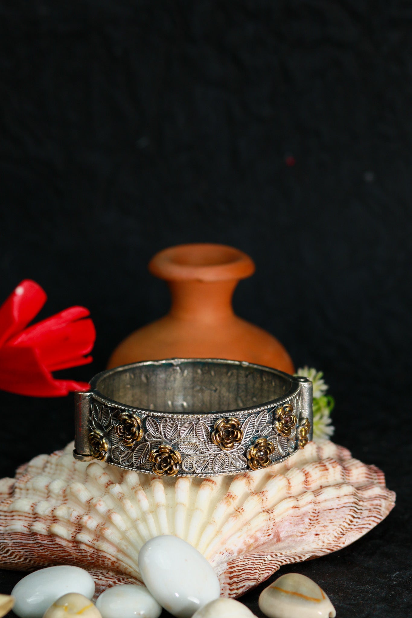 Oxidised Antique Design Brass Base Free Size Openable Dual Tone Floral Rose Bangle for Women