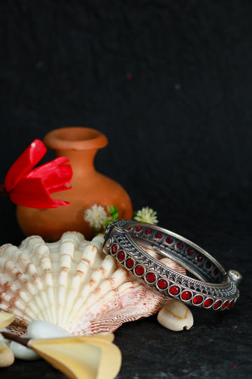 Oxidised Antique Design Brass Base Free Size Openable Ruby Stone Studded Bangle for Women