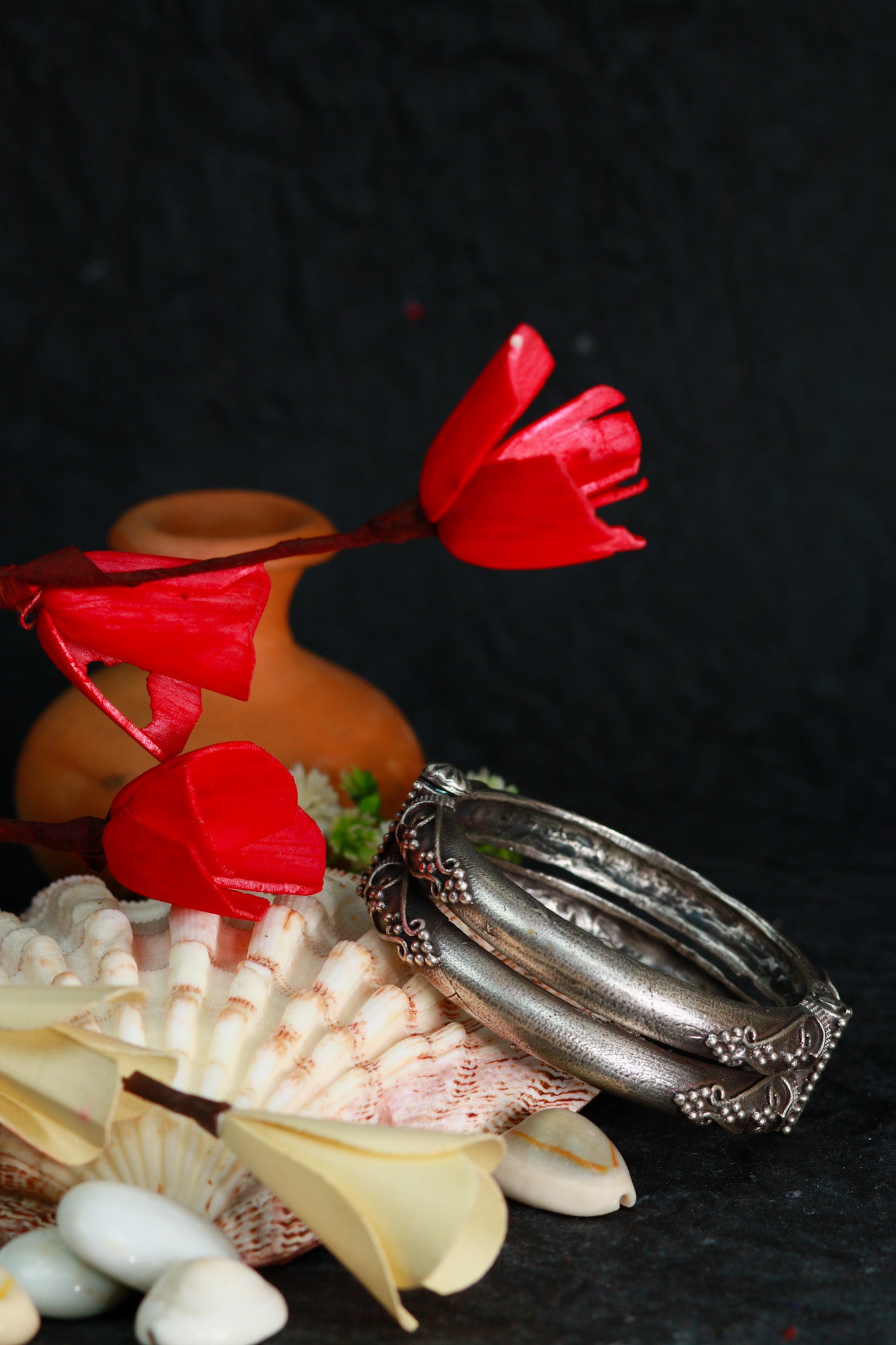 Oxidised Antique Design Brass Base Openable Heritage Floral Caps Kada Bracelet for Women