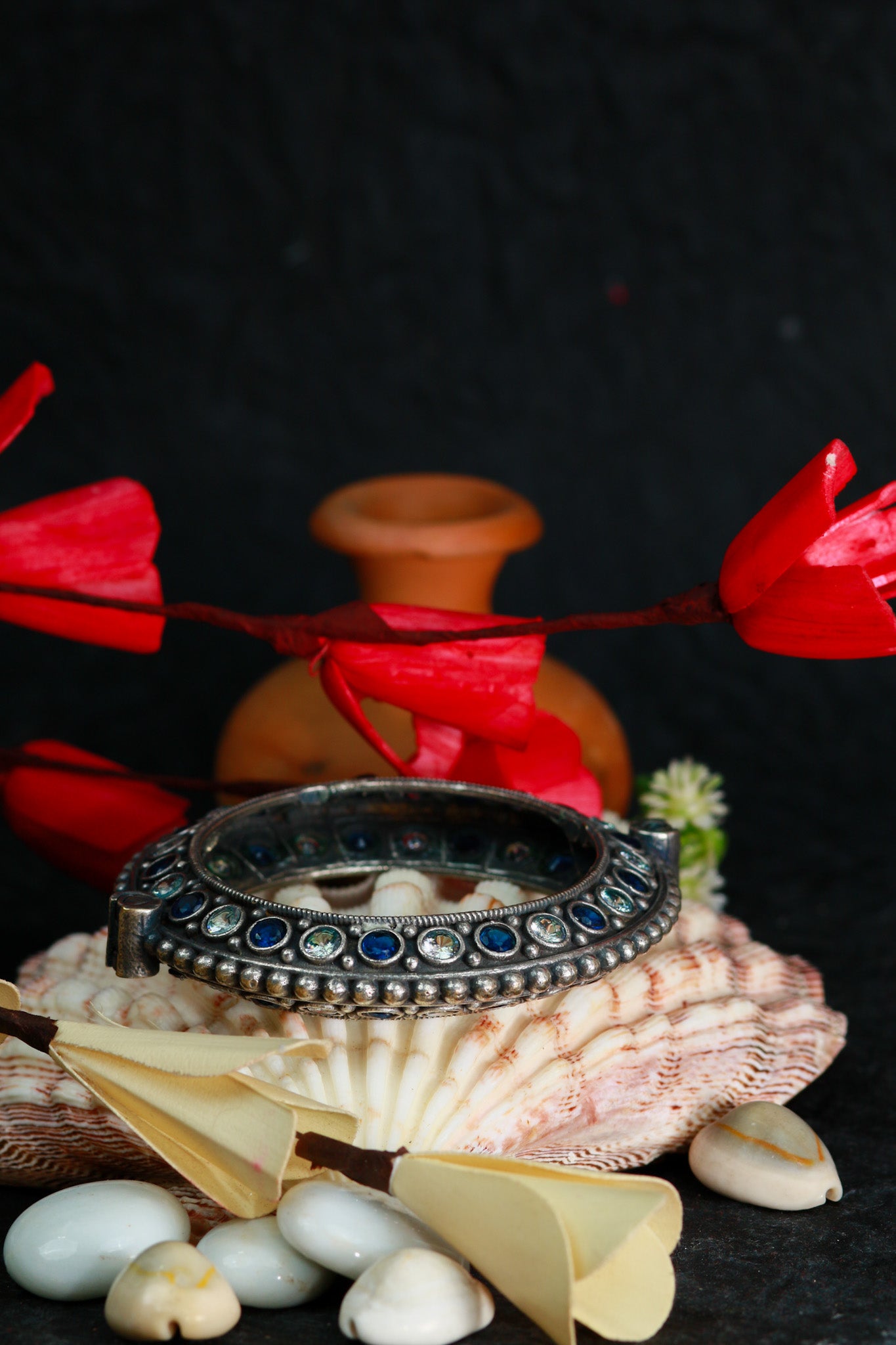 Oxidised Antique Design Brass Base Openable Navy Blue & White Stones All Around Kada Bracelet for Women