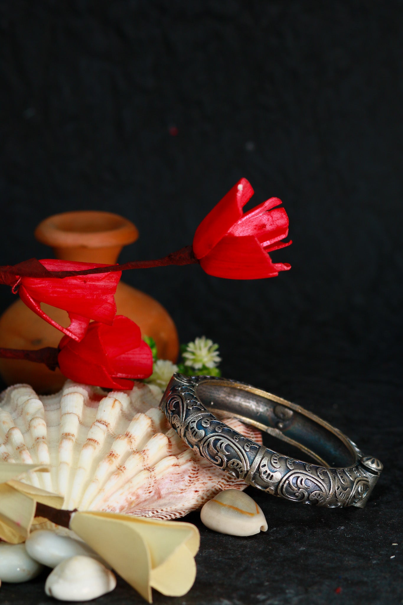 Oxidised Antique Design Brass Base Free Size Openable Engraved Motif Kada Bracelet for Women