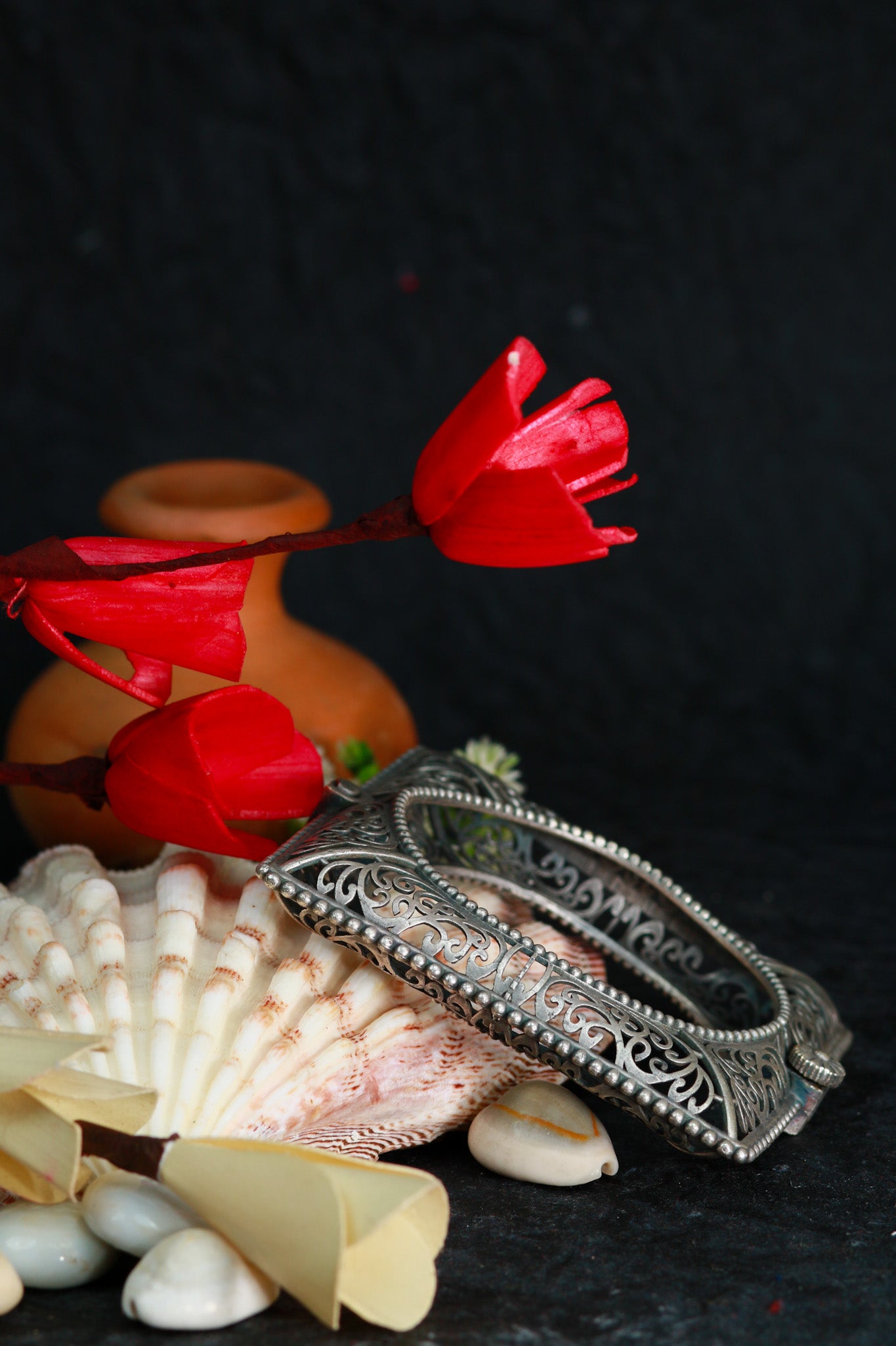 Oxidised Antique Design Brass Base Openable Square Frame With Filigree Kada Bracelet for Women