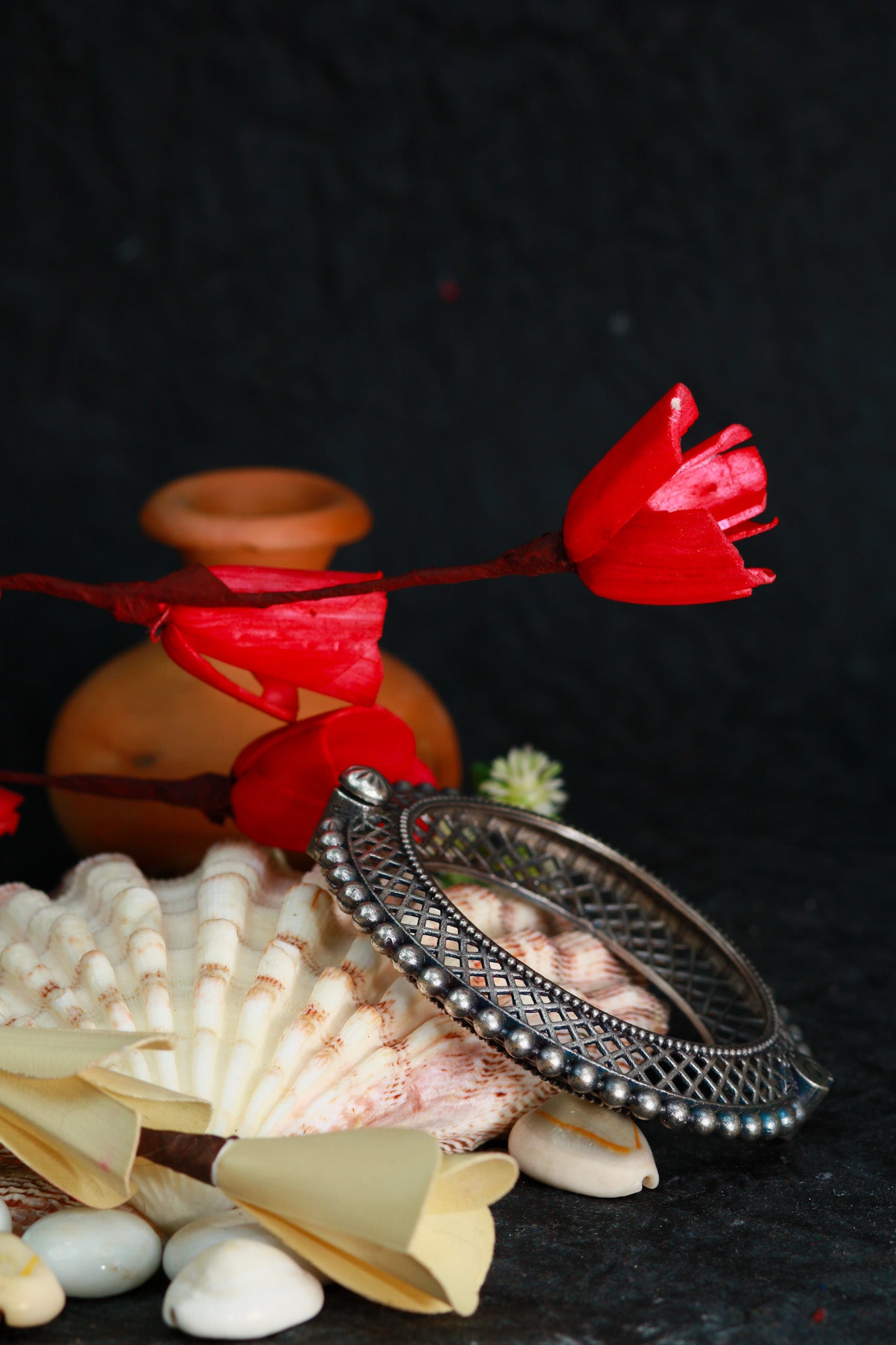 Oxidised Antique Design Brass Base Free Size Openable Lattice Beaded Edge Kada Bracelet for Women