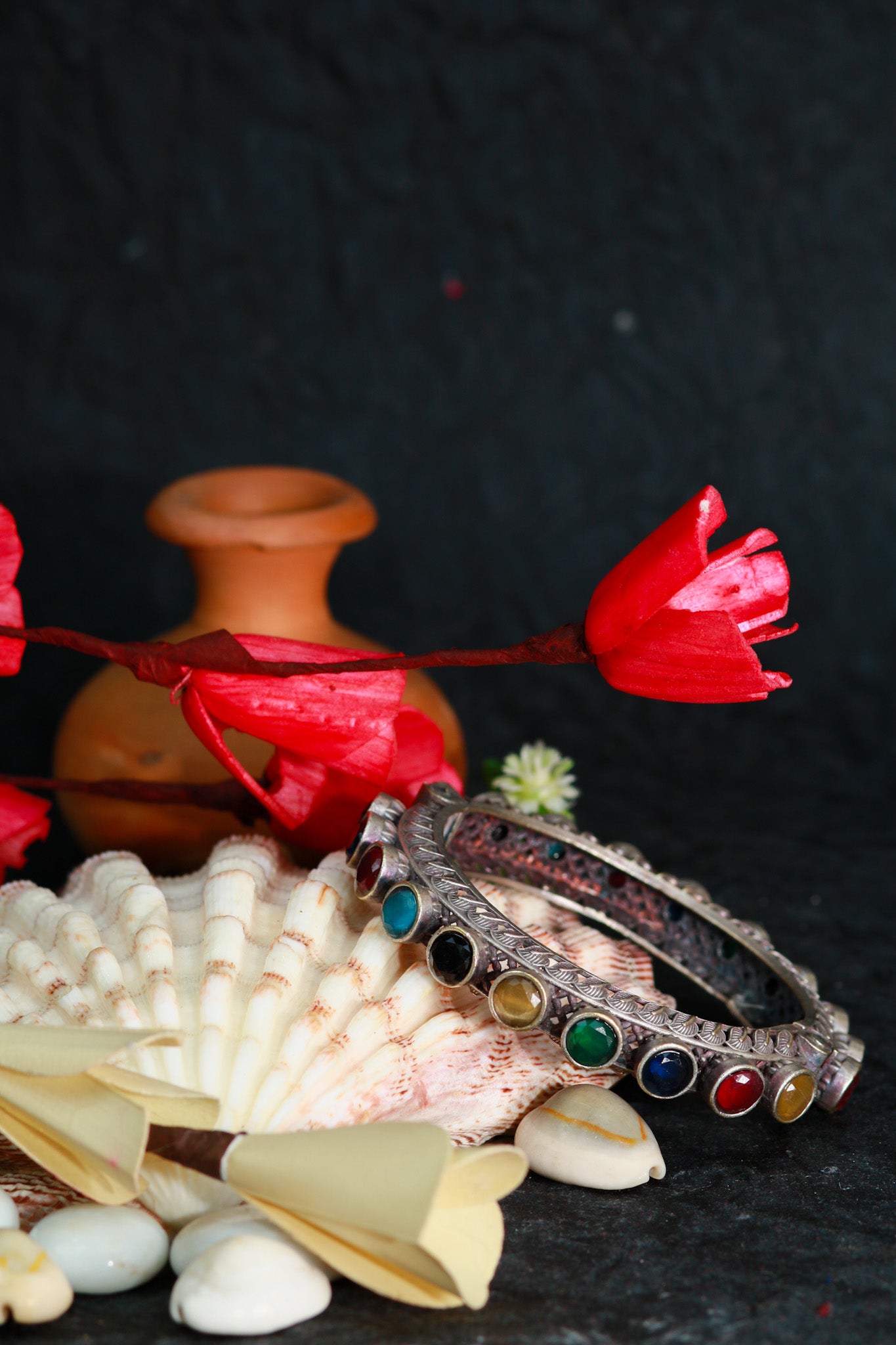 Oxidised Antique Design Brass Base Free Size Openable Multicolor Stone Kada Bracelet for Women