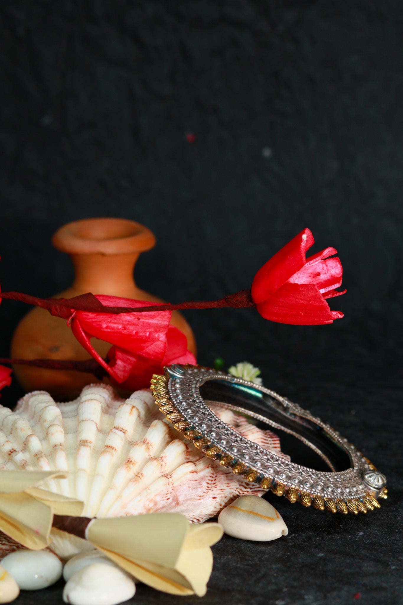 Oxidised Antique Design Brass Base Free Size Openable Dual Tone Sunray Kada Bracelet for Women