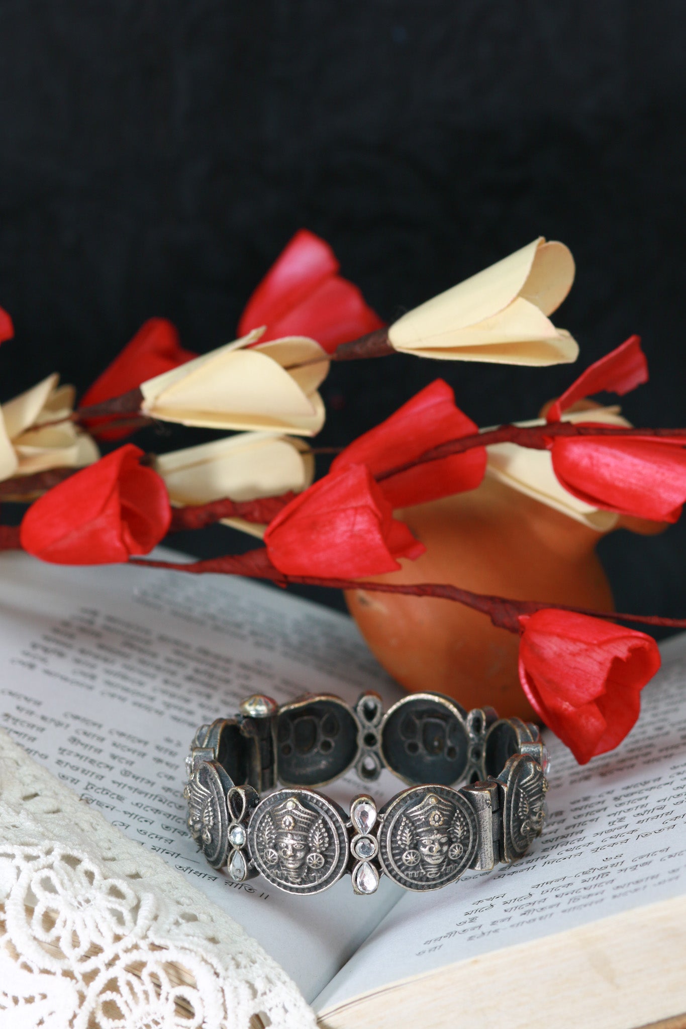 Oxidised Antique Design Brass Base Free Size Openable Coin Goddess Kada Bracelet for Women