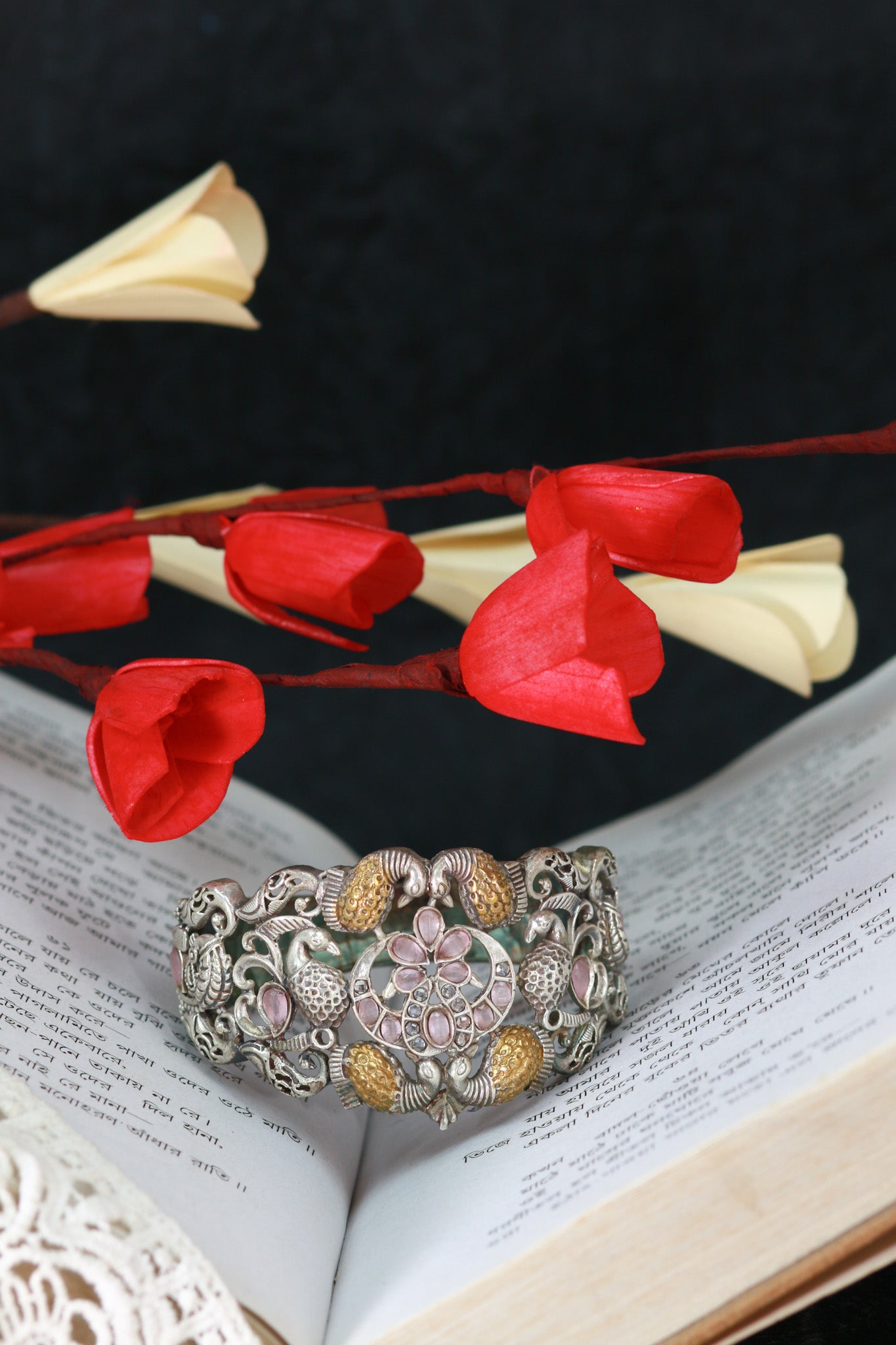 Oxidised Antique Design Brass Base Free Size Openable Royal Antique Floral Cluster Bangle for Women