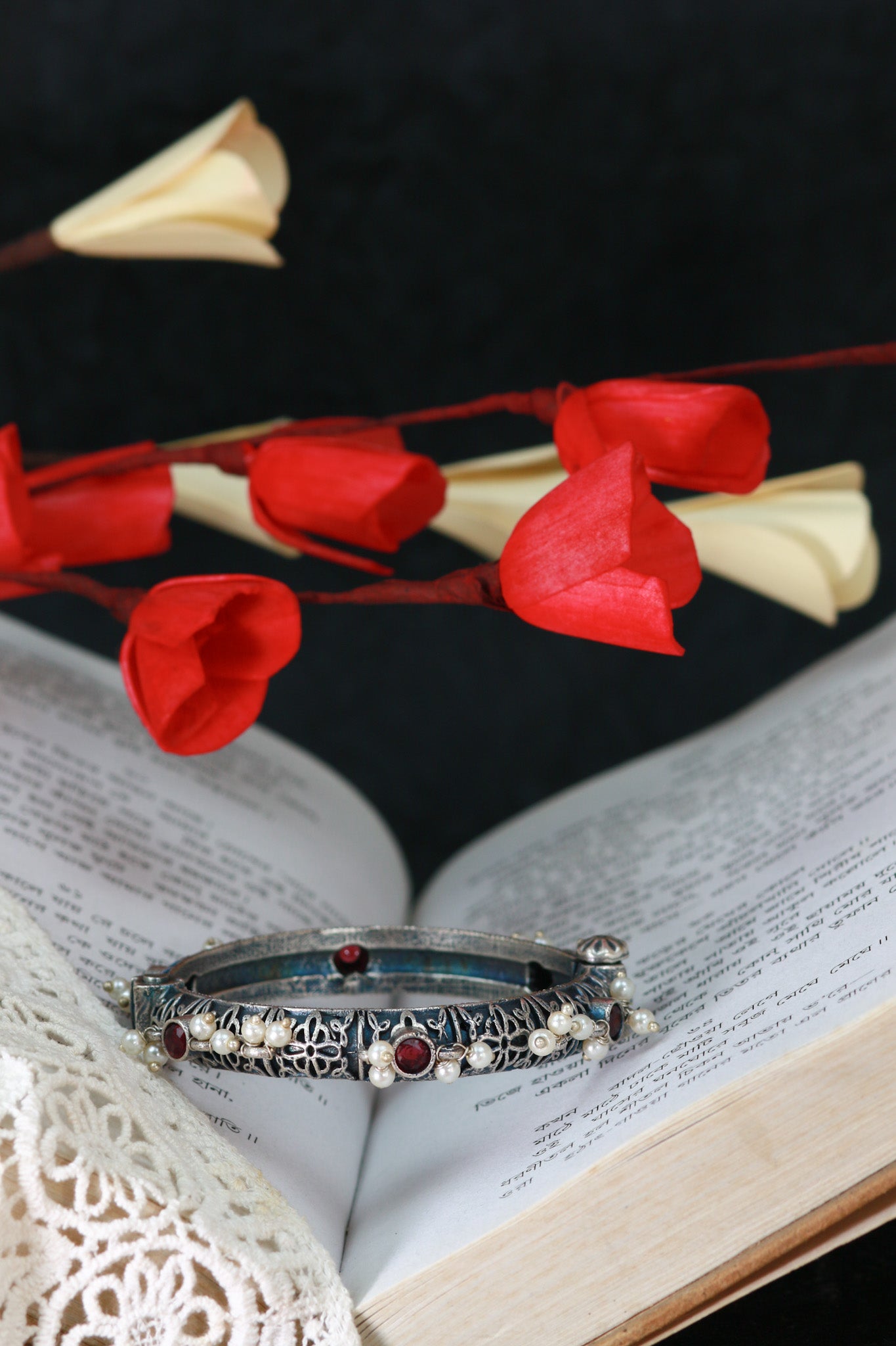 Oxidised Antique Design Brass Base Openable Mini Faux-Pearl Edge Kada Bracelet for Women