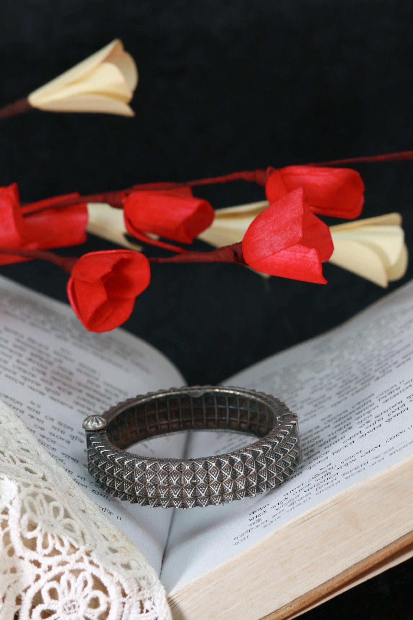 Oxidised Antique Design Brass Base Free Size Openable Chevron Edge Kada Bracelet for Women