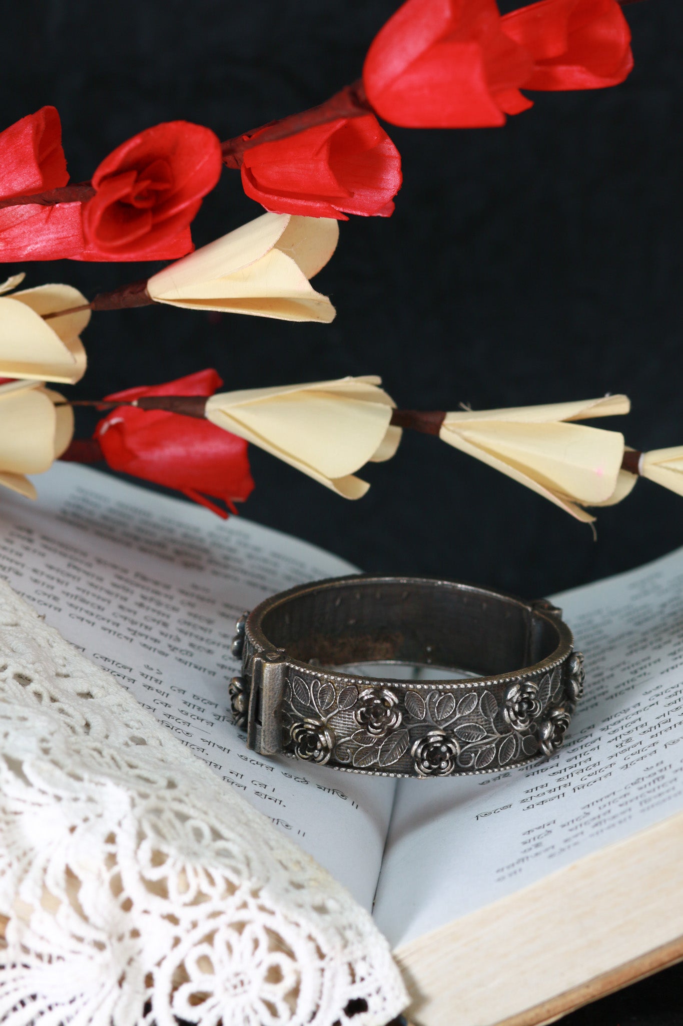 Oxidised Antique Design Brass Base Free Size Openable Floral Rose Carved Kada Bracelet for Women