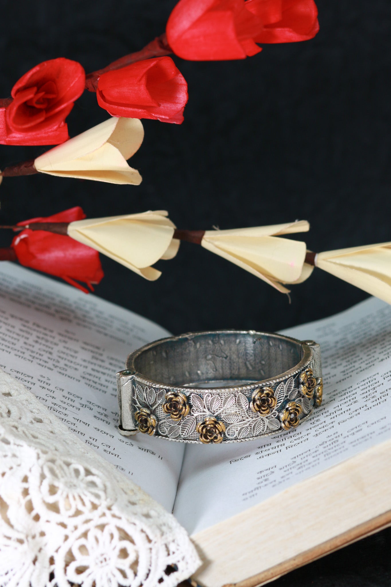 Oxidised Antique Design Brass Base Free Size Openable Dual Tone Floral Rose Bangle for Women
