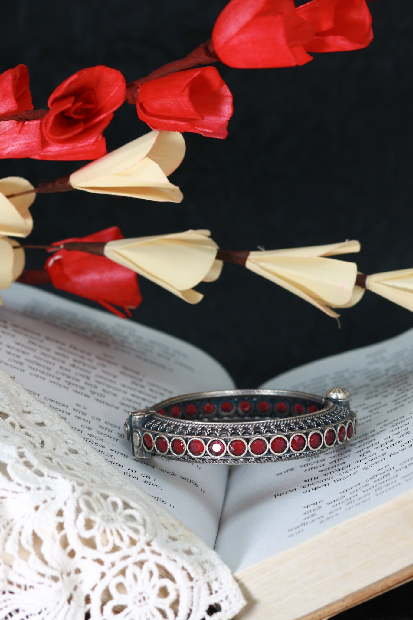 Oxidised Antique Design Brass Base Free Size Openable Ruby Stone Studded Bangle for Women