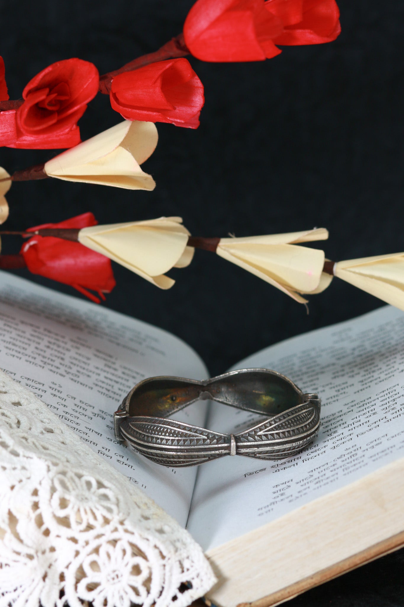 Oxidised Antique Design Brass Base Openable Etched Linear Design Kada Bracelet for Women