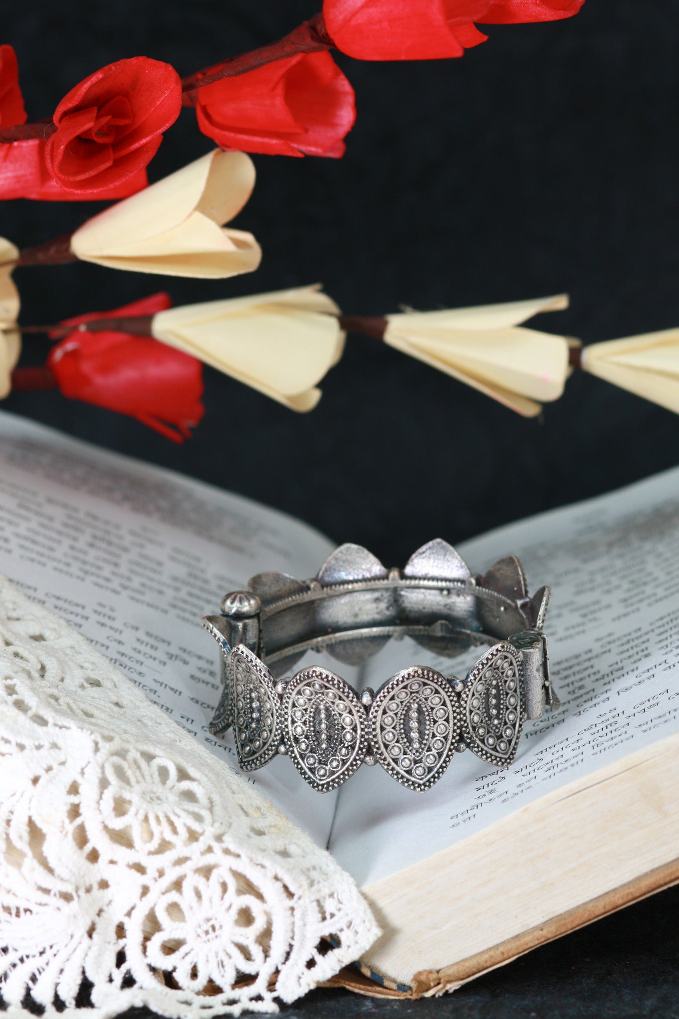 Oxidised Antique Design Brass Base Openable Paisley Panel Links Kada Bracelet for Women