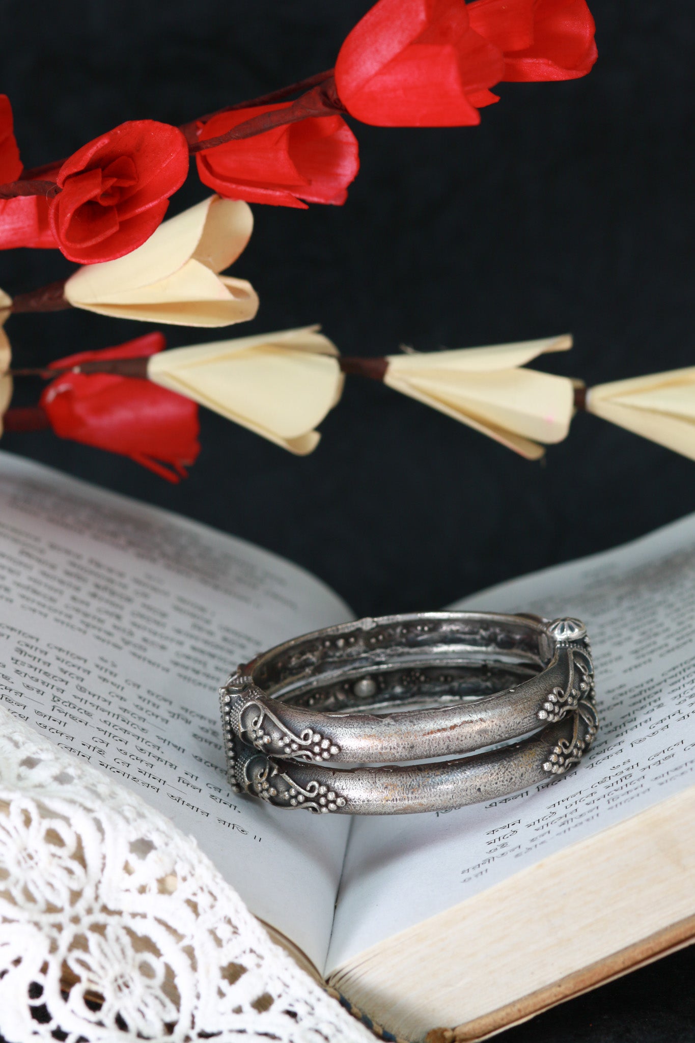 Oxidised Antique Design Brass Base Openable Heritage Floral Caps Kada Bracelet for Women