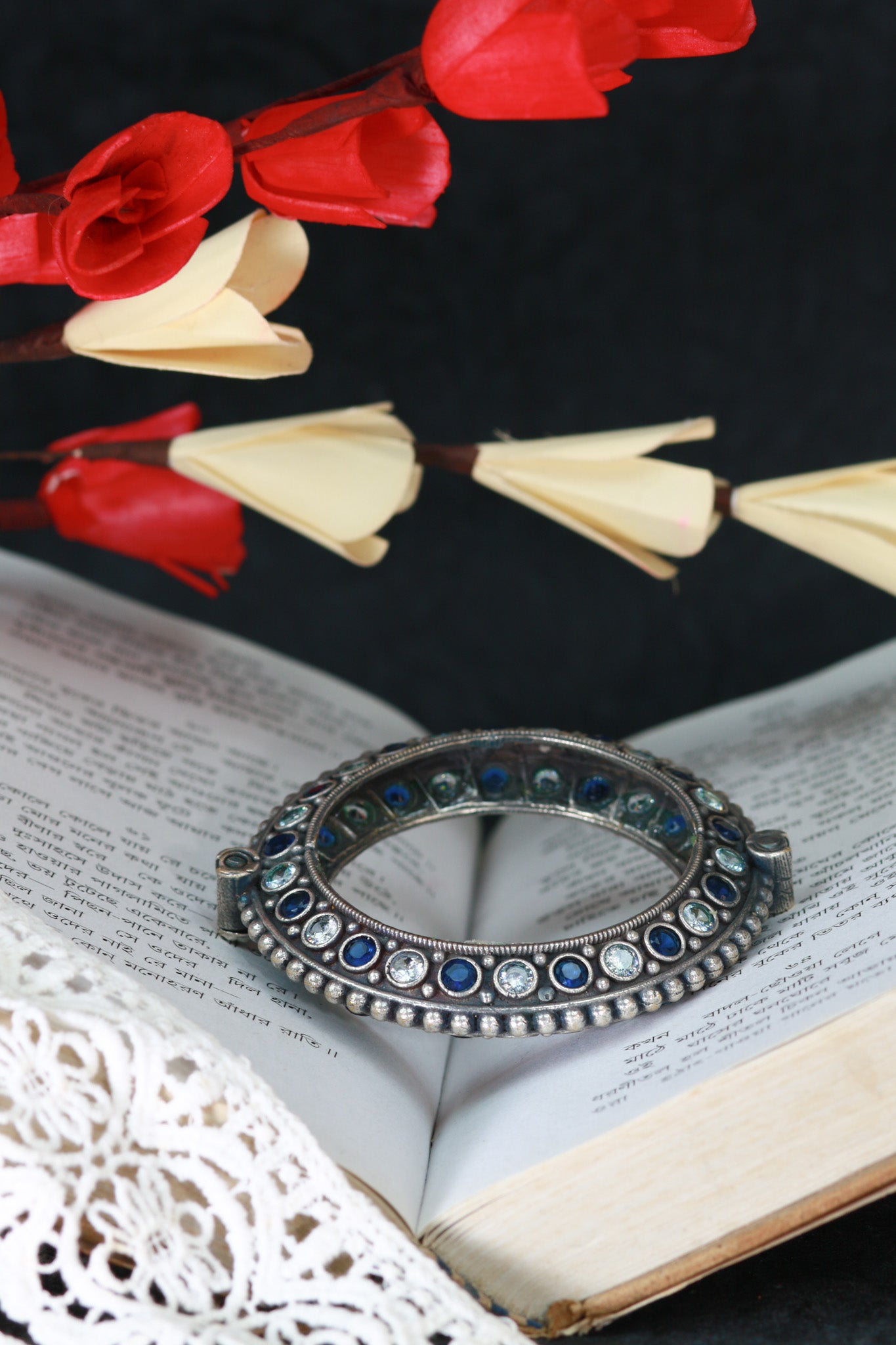 Oxidised Antique Design Brass Base Openable Navy Blue & White Stones All Around Kada Bracelet for Women