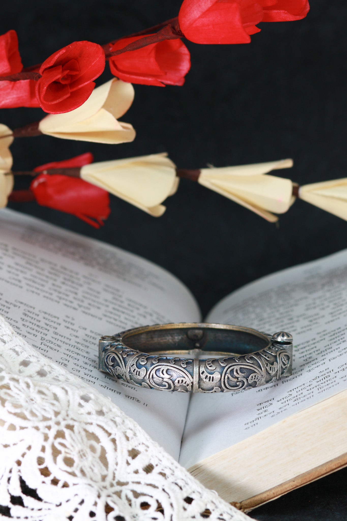 Oxidised Antique Design Brass Base Free Size Openable Engraved Motif Kada Bracelet for Women