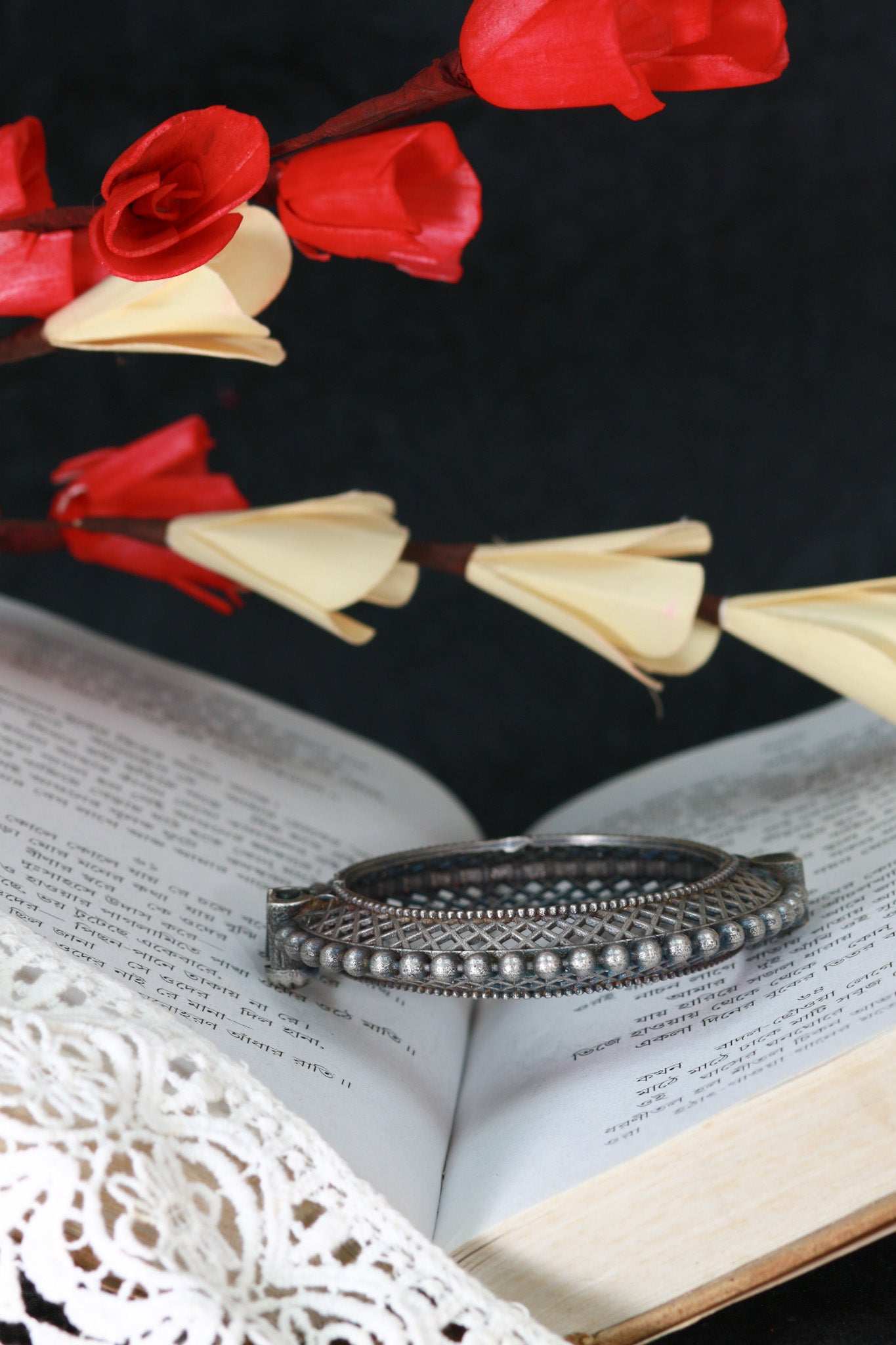 Oxidised Antique Design Brass Base Free Size Openable Lattice Beaded Edge Kada Bracelet for Women