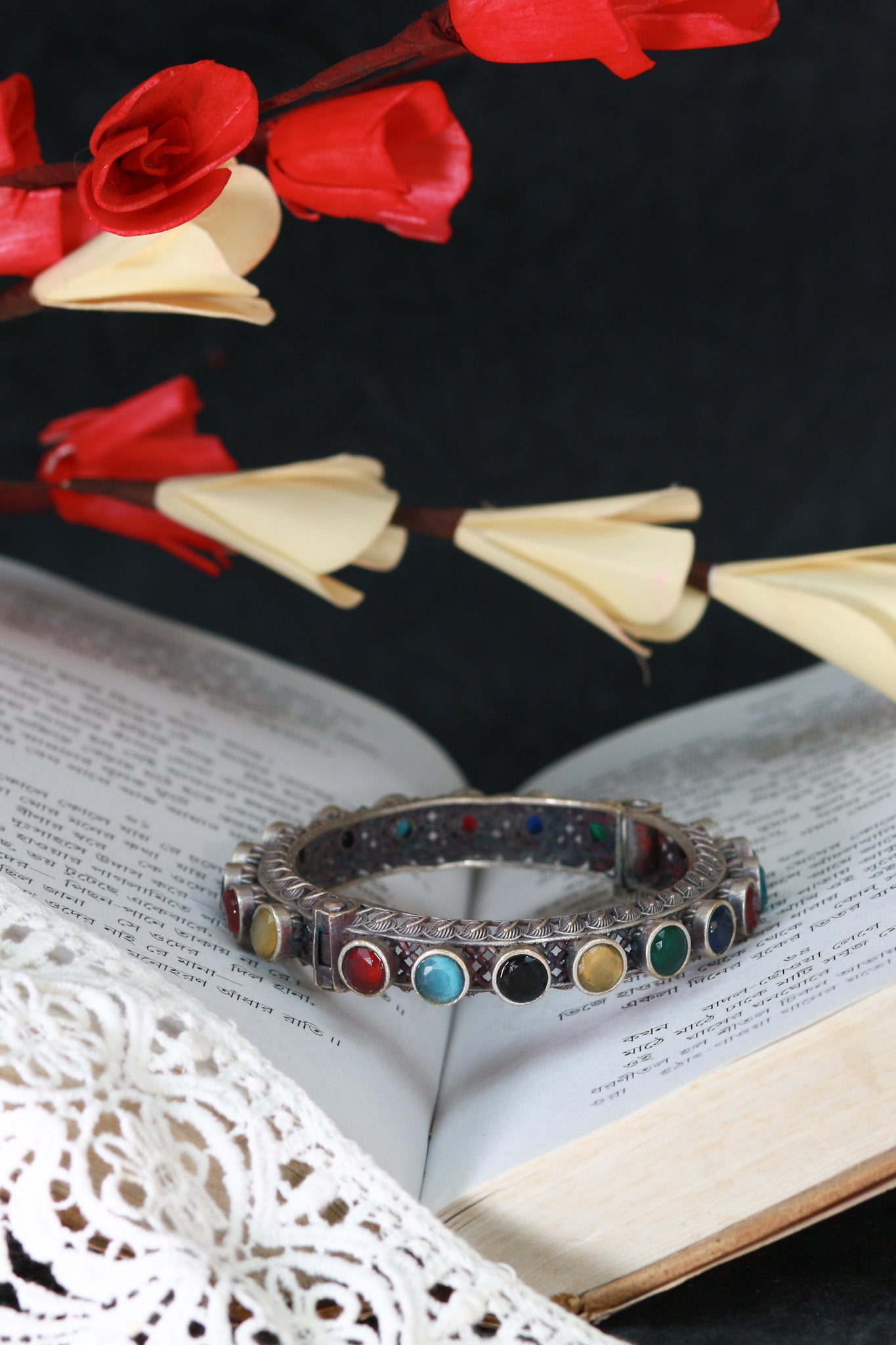 Oxidised Antique Design Brass Base Free Size Openable Multicolor Stone Kada Bracelet for Women