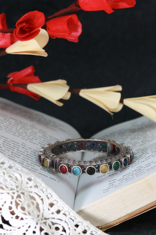Oxidised Antique Design Brass Base Free Size Openable Multicolor Stone Kada Bracelet for Women