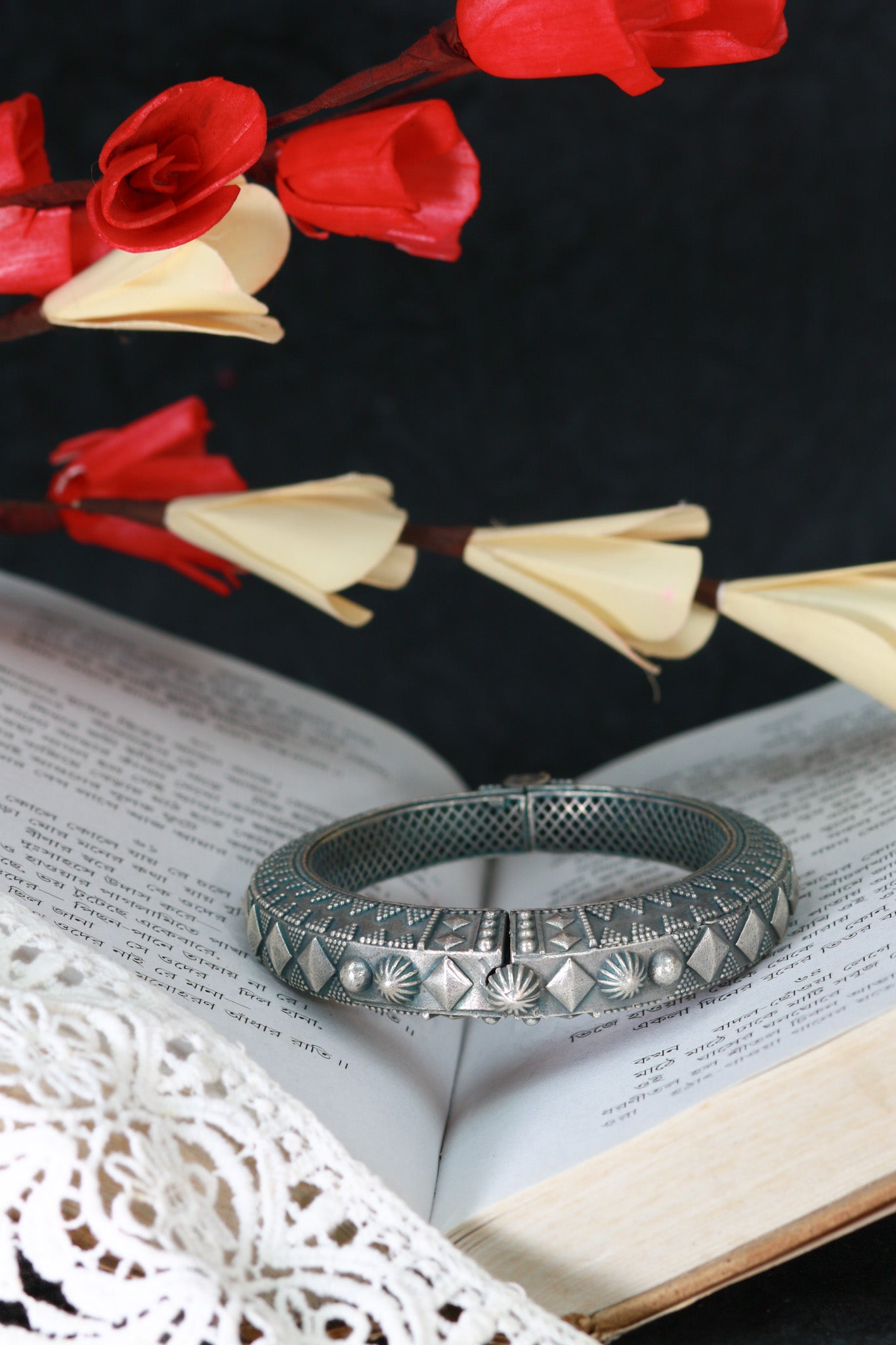 Oxidised Antique Design Brass Base Openable Chevron & Pyramid Texture Kada Bracelet for Women