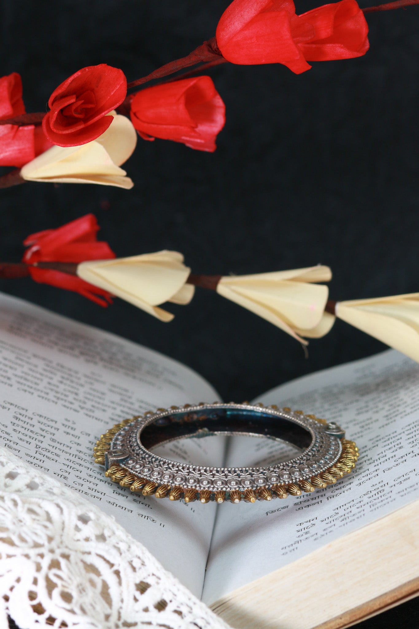 Oxidised Antique Design Brass Base Free Size Openable Dual Tone Sunray Kada Bracelet for Women