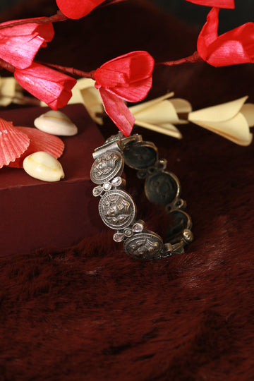 Oxidised Antique Design Brass Base Free Size Openable Coin Goddess Kada Bracelet for Women