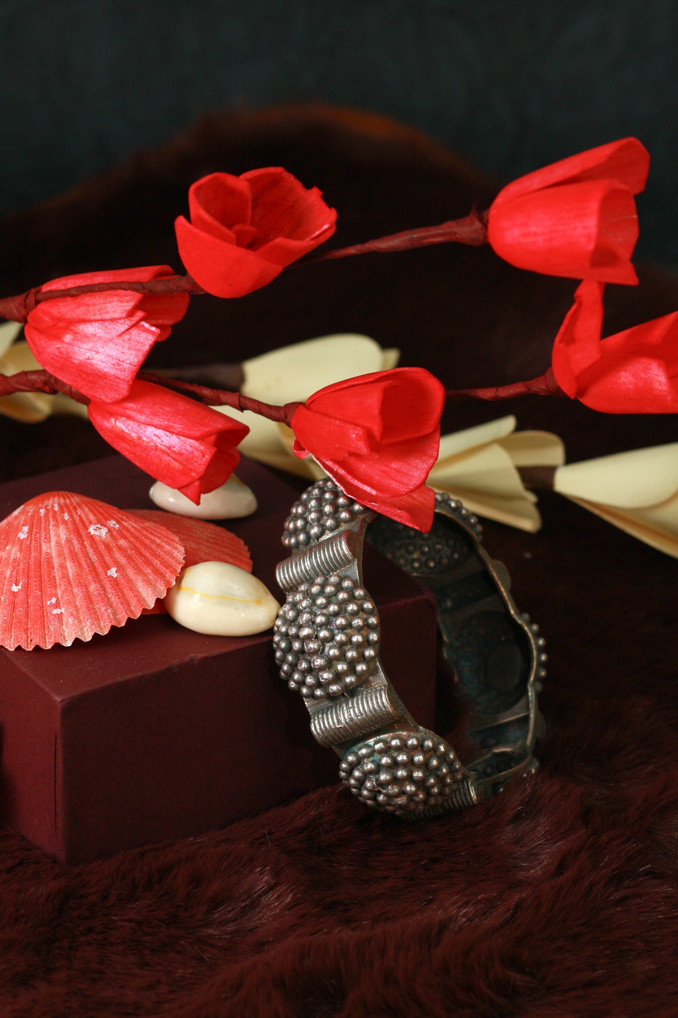 Oxidised Antique Design Brass Base Openable Temple-Style Beaded Domes Kada Bracelet for Women