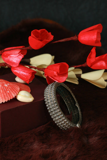 Oxidised Antique Design Brass Base Free Size Openable Chevron Edge Kada Bracelet for Women