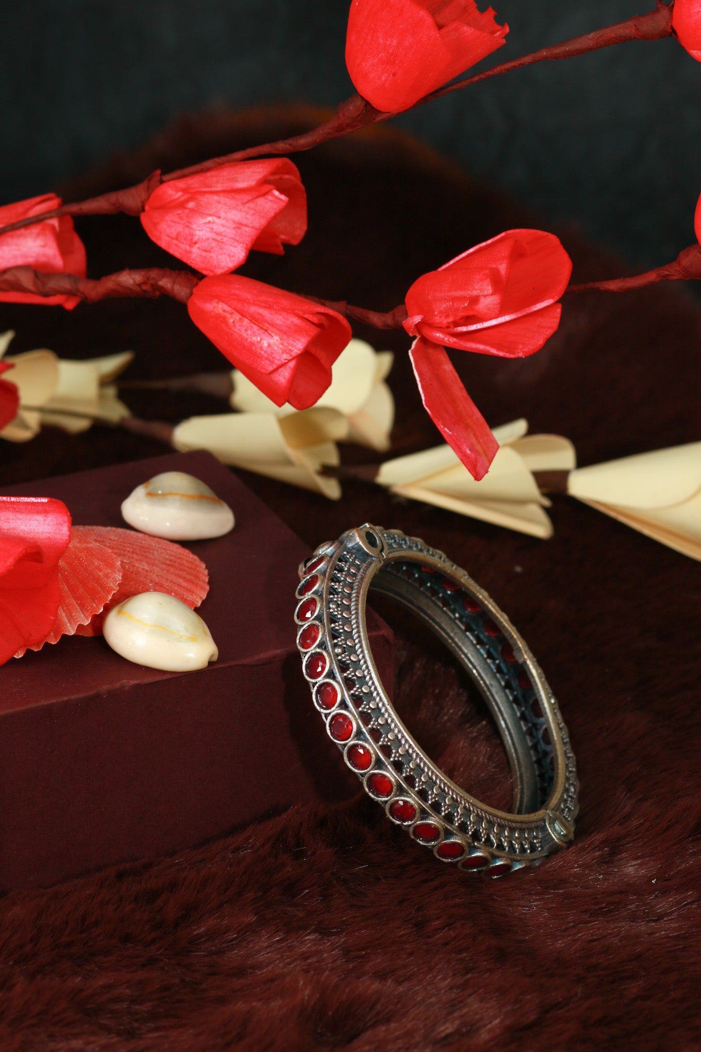 Oxidised Antique Design Brass Base Free Size Openable Ruby Stone Studded Bangle for Women